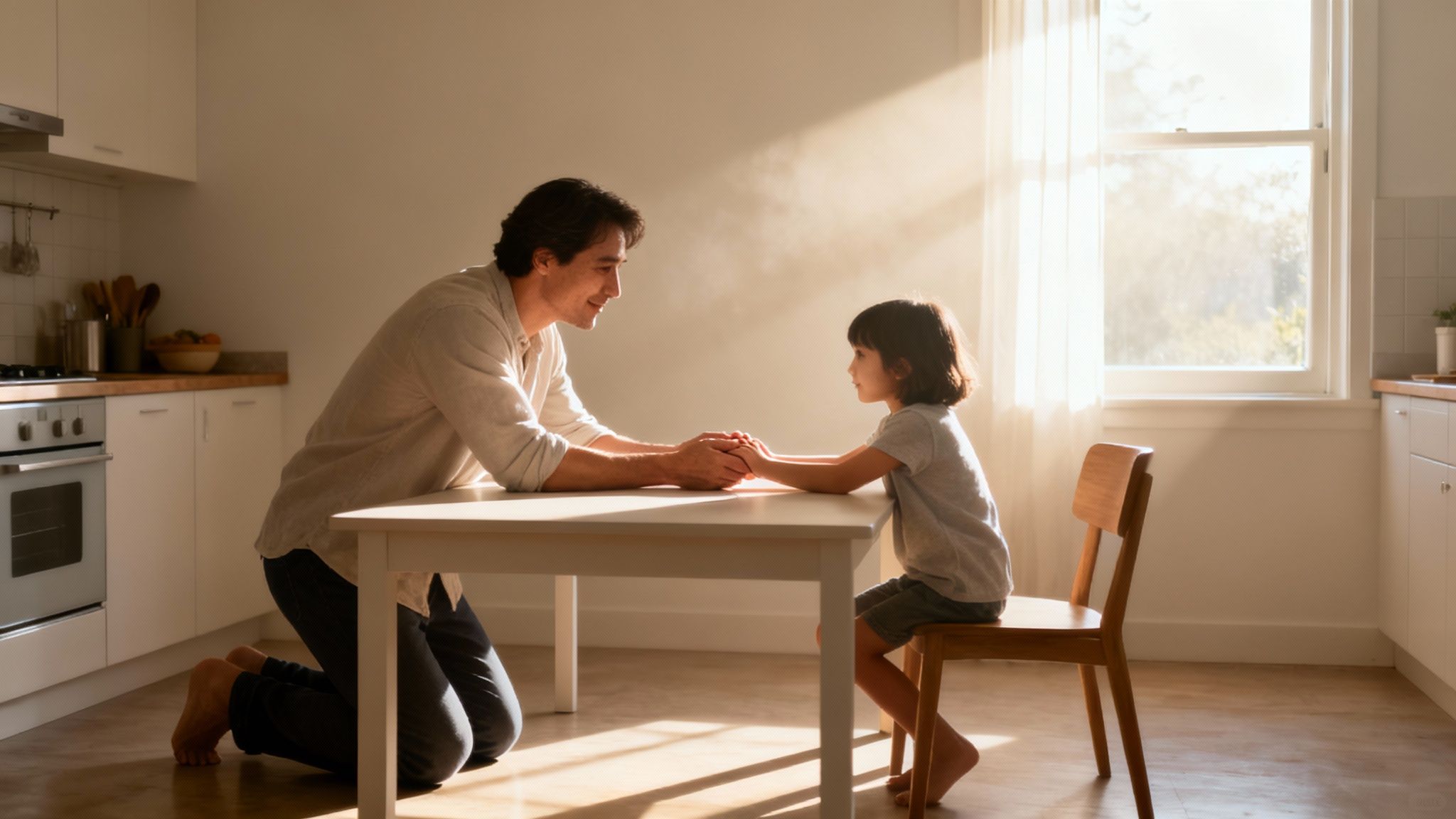 A father kneels, holding his daughter's hands, smiling at her in a sunlit kitchen.