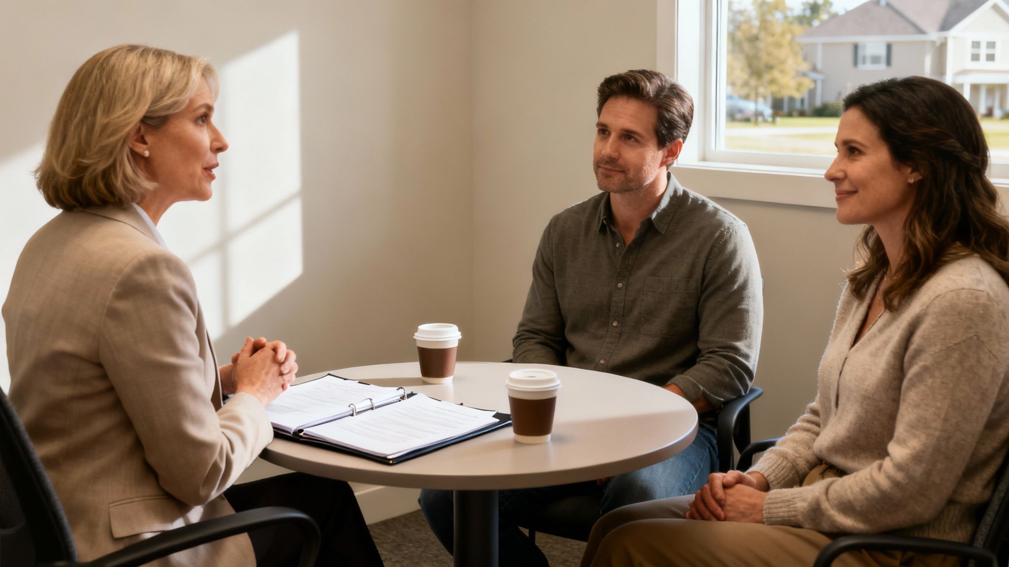 A professional mediator discusses documents with a male and female client at a table.