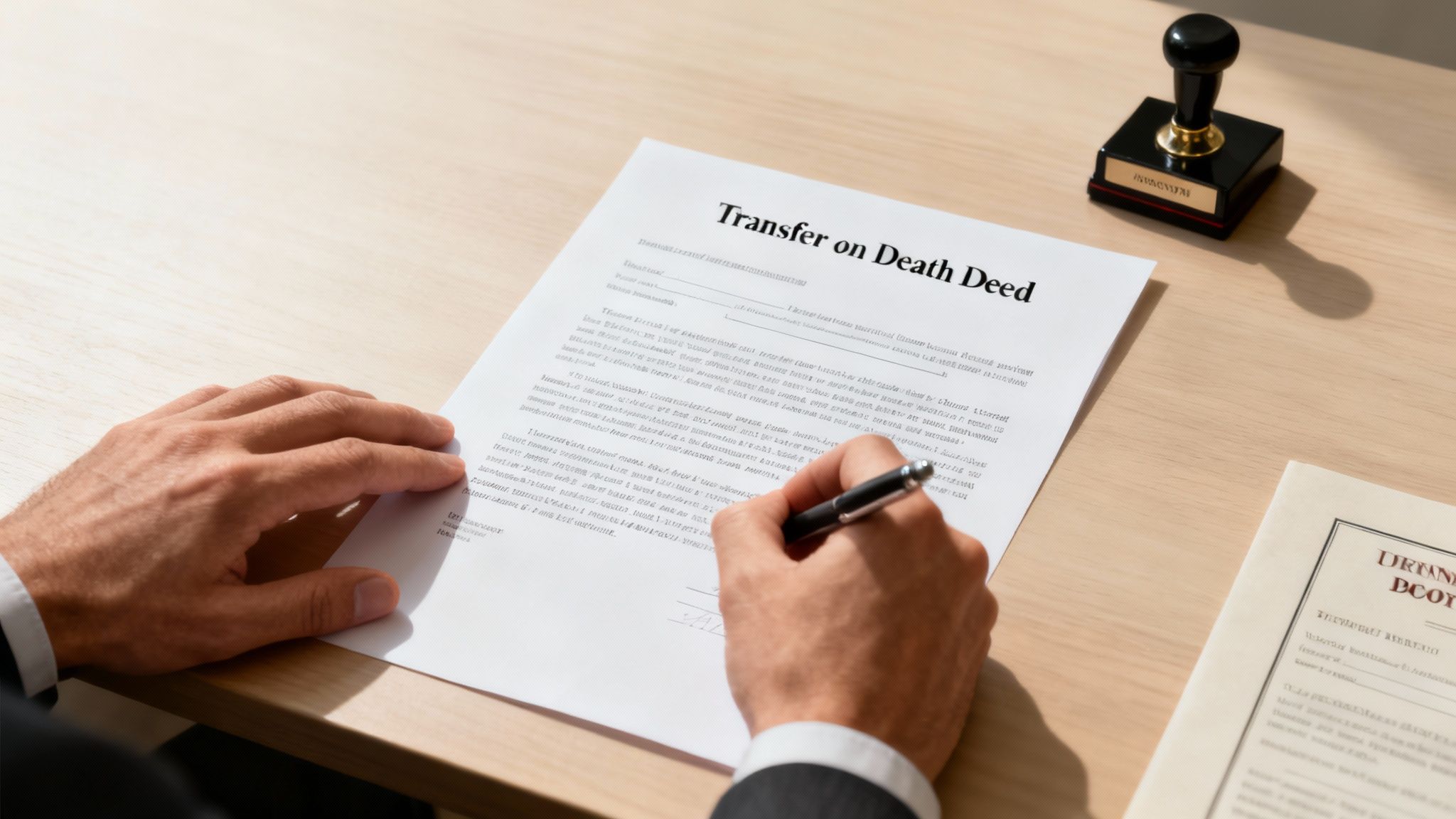 A person signing a legal document on a wooden desk with a pen and glasses nearby.