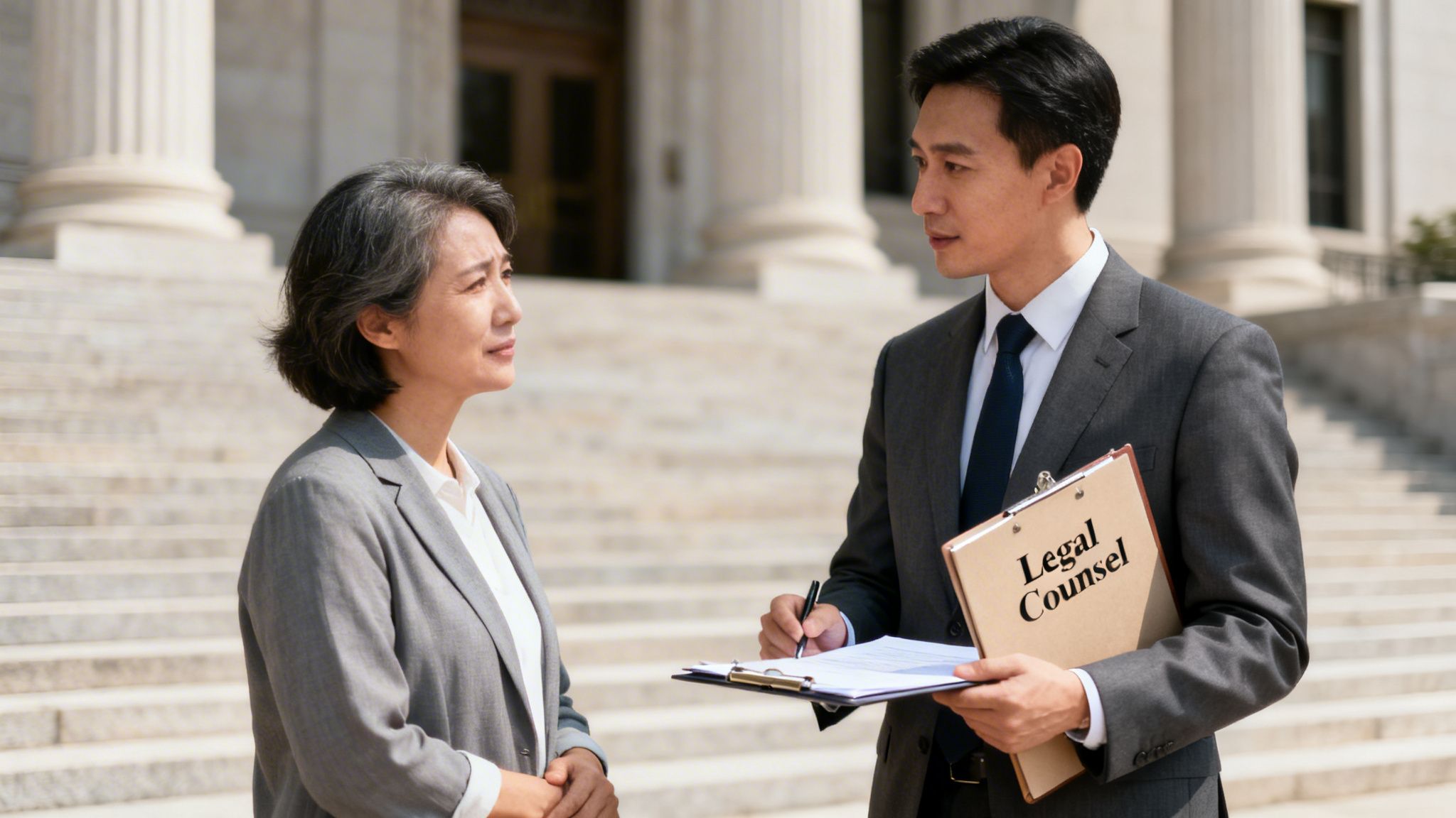 An Asian man in a suit holds a 'Legal Counsel' clipboard, talking with an Asian woman outside a courthouse.