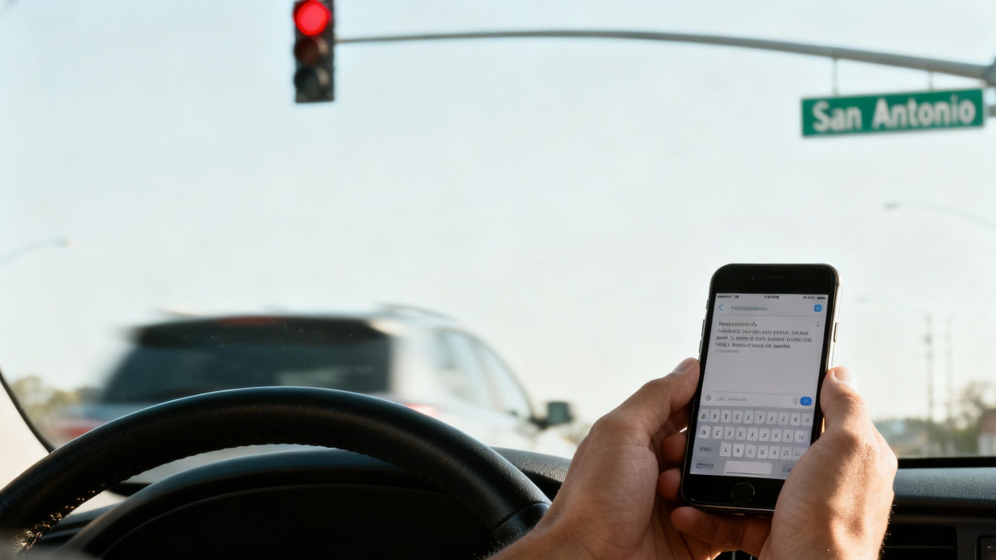 A person is texting on a smartphone while driving, stopped at a red light on San Antonio street.