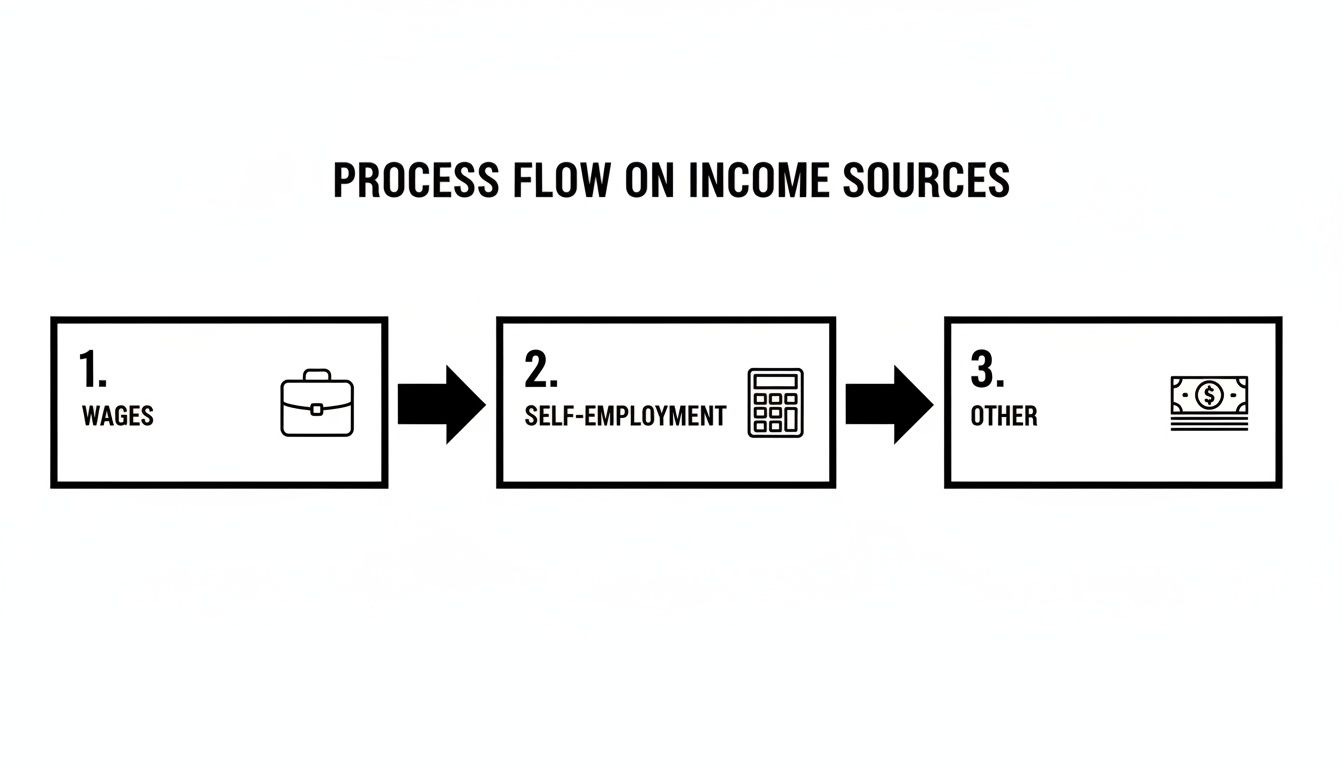 A process flow diagram illustrating three primary income sources: wages, self-employment, and other.