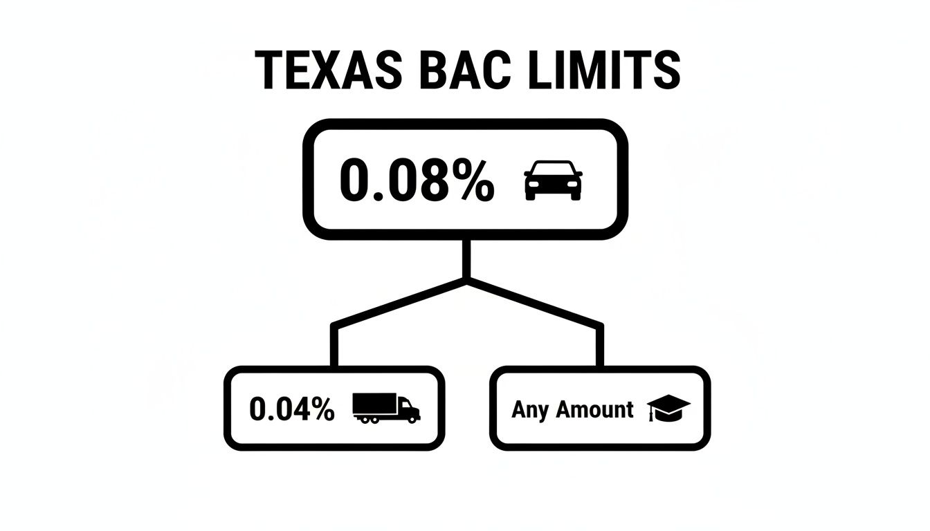 Infographic showing Texas BAC limits: 0.08% for cars, 0.04% for trucks, and any amount for minors.