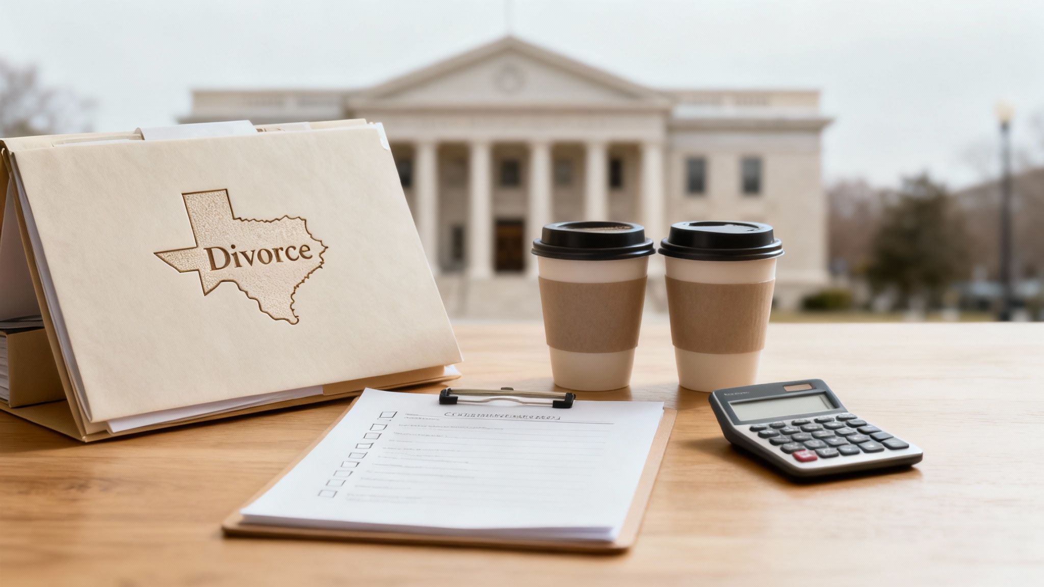 Divorce paperwork folder labeled "Divorce" with Texas outline, checklist, coffee cups, and calculator on a wooden table, courthouse in the background, representing affordable uncontested divorce process in Texas.