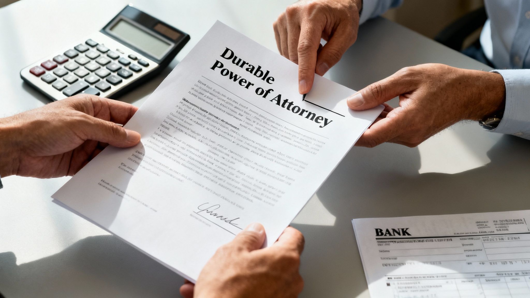 Hands exchanging a Durable Power of Attorney document with a calculator and bank forms visible, illustrating financial and legal decision-making in estate planning.