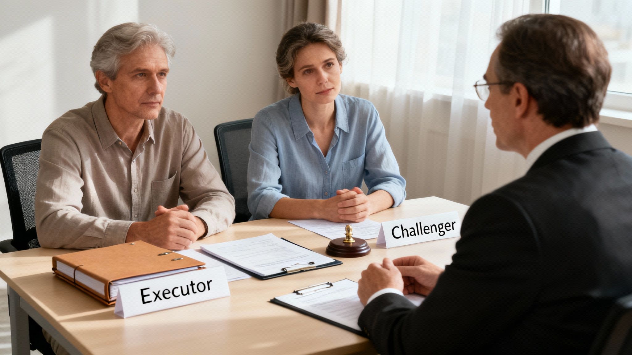 Executor and challenger in legal discussion, documents on table, courtroom setting, highlighting probate litigation in Texas.