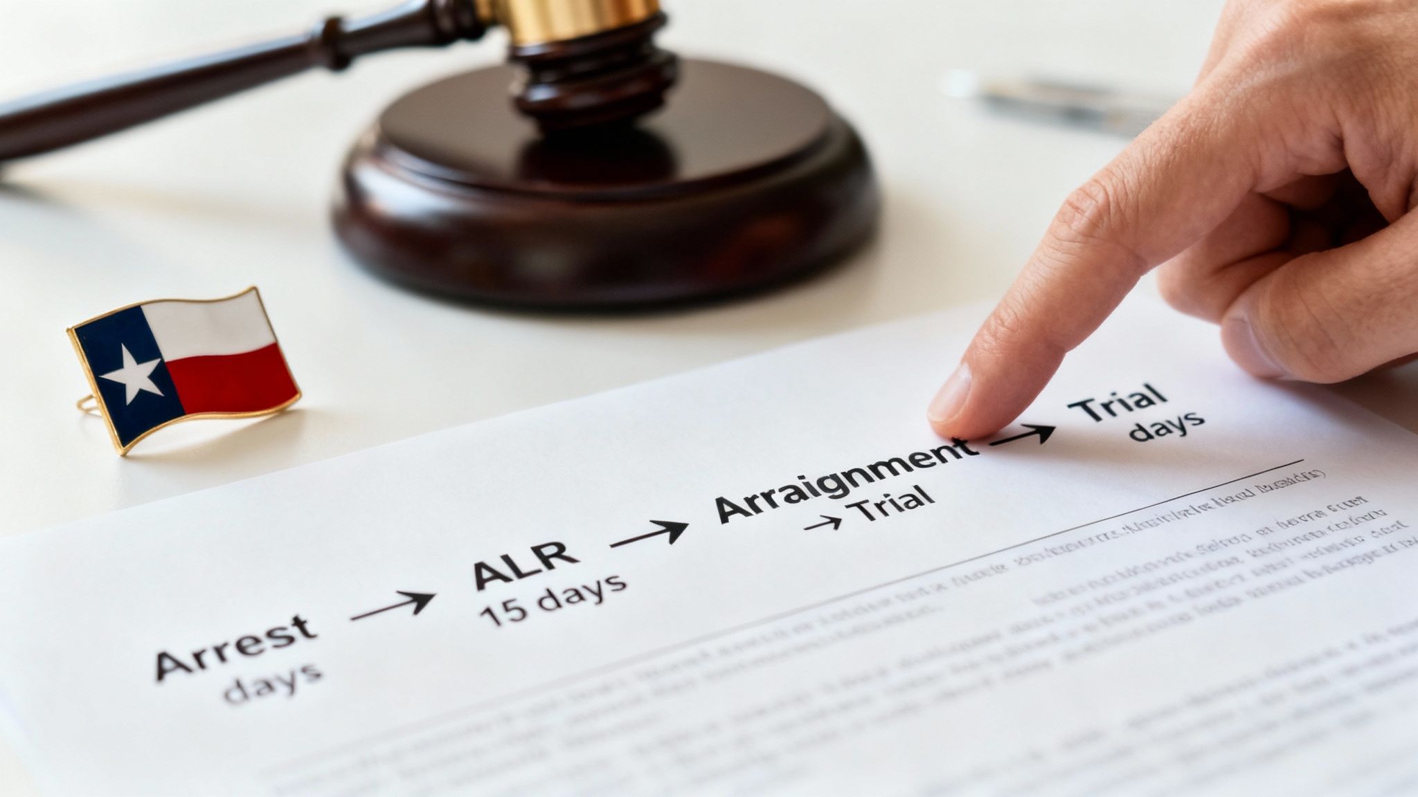 Texas flag pin beside legal document outlining DWI process stages: Arrest, ALR, Arraignment, and Trial, with a finger pointing at the Arraignment section.
