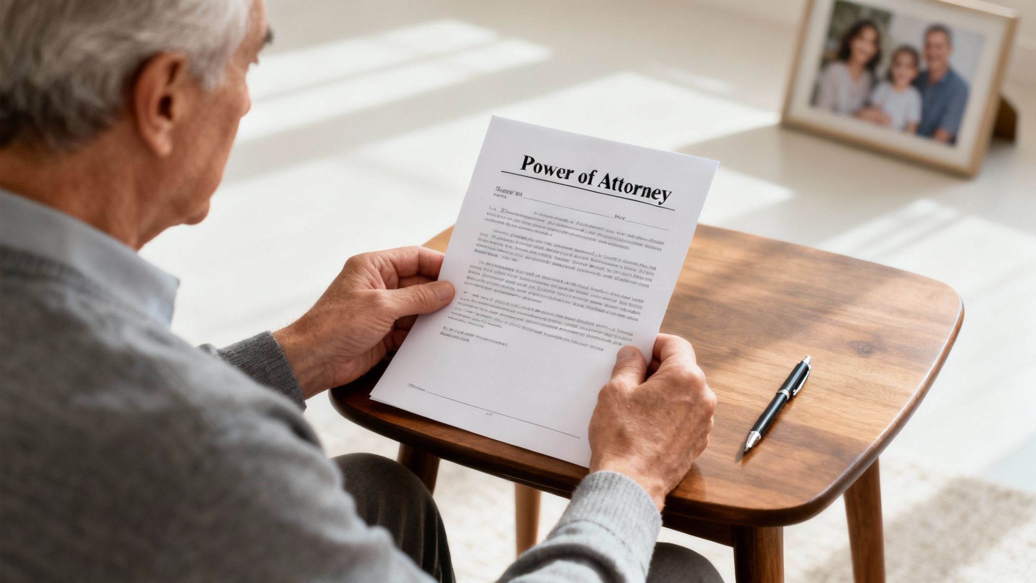A person signing a legal document with a pen, representing the act of revoking a Power of Attorney.