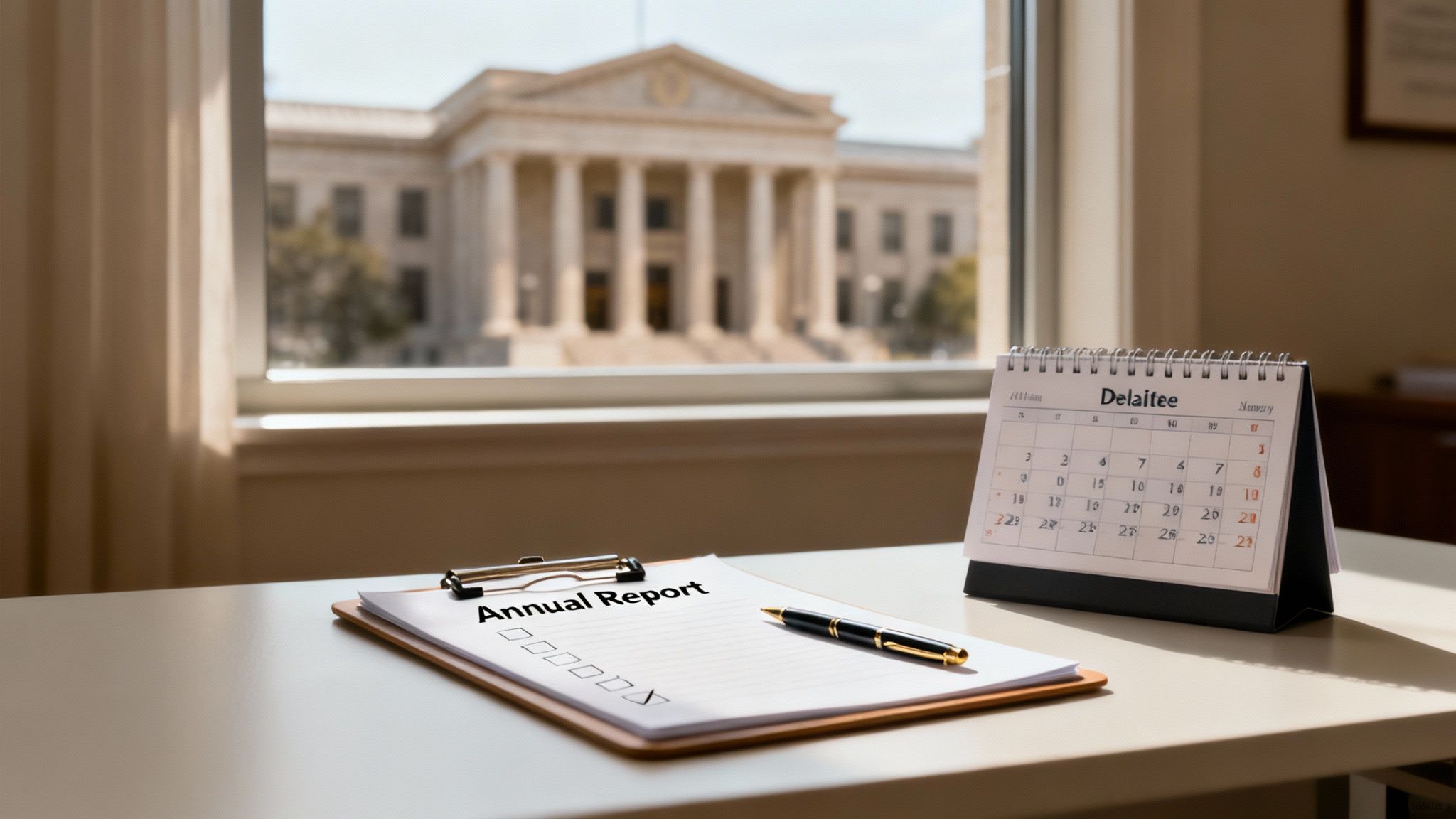 Annual report clipboard with pen and desk calendar near window overlooking courthouse building