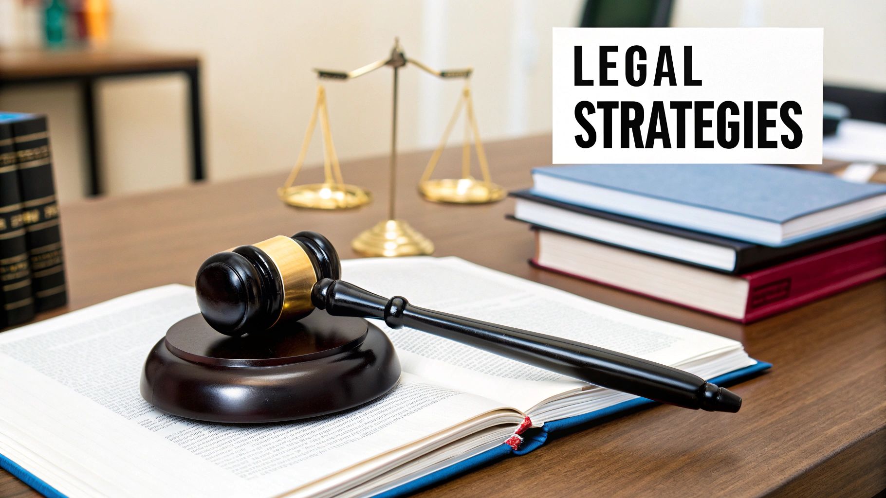 A legal gavel and scales of justice on a wooden desk