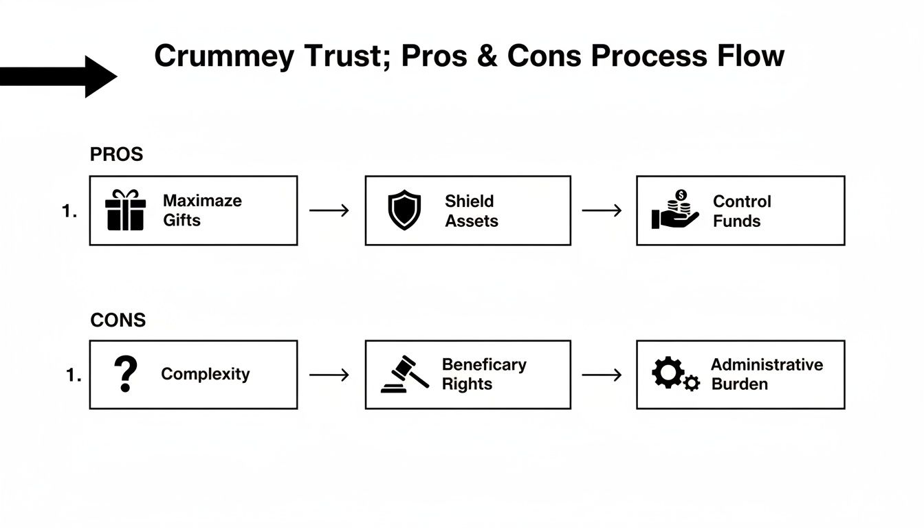 Flowchart illustrating the pros and cons process flow of a Crummey Trust, detailing gifts, assets, and burdens.
