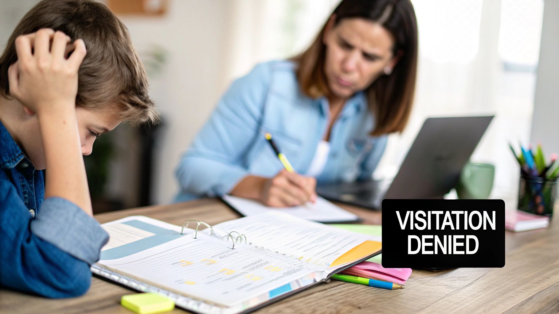 A parent looking concerned while checking their phone, representing the anxiety of a denied visitation.