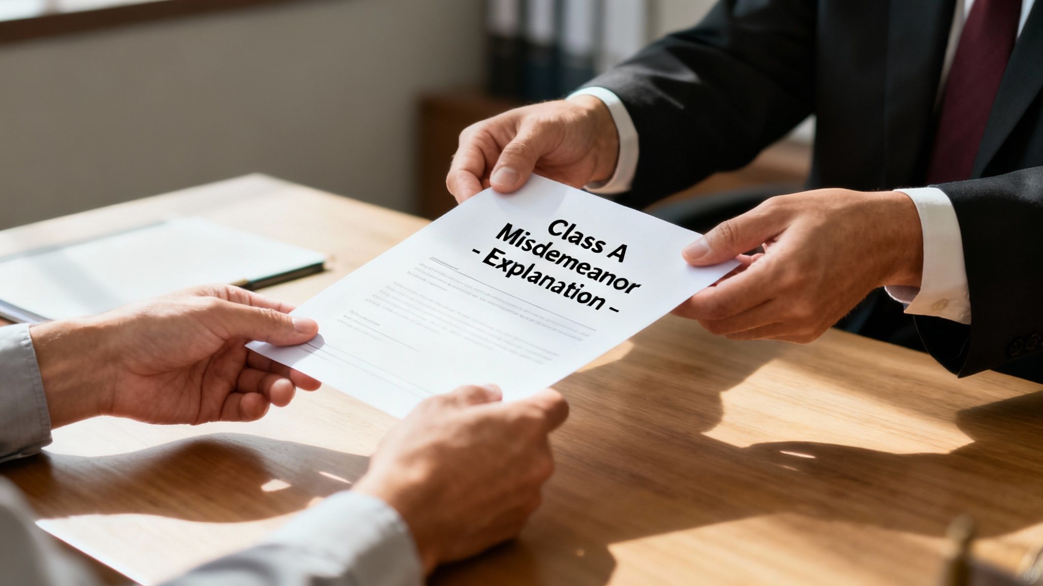Hands exchanging a document titled "Class A Misdemeanor - Explanation" on a wooden desk, symbolizing legal guidance for individuals facing serious misdemeanor charges in Texas.