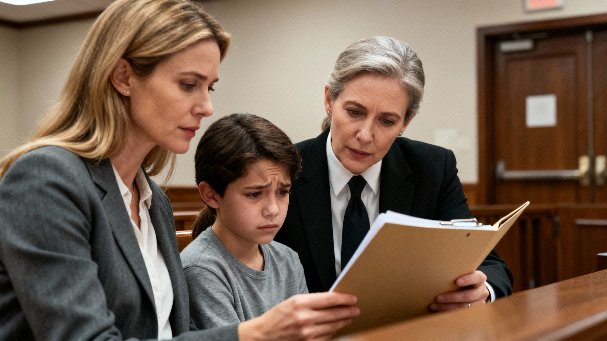 Two female lawyers counsel a serious young boy, reviewing documents in a solemn courtroom setting.