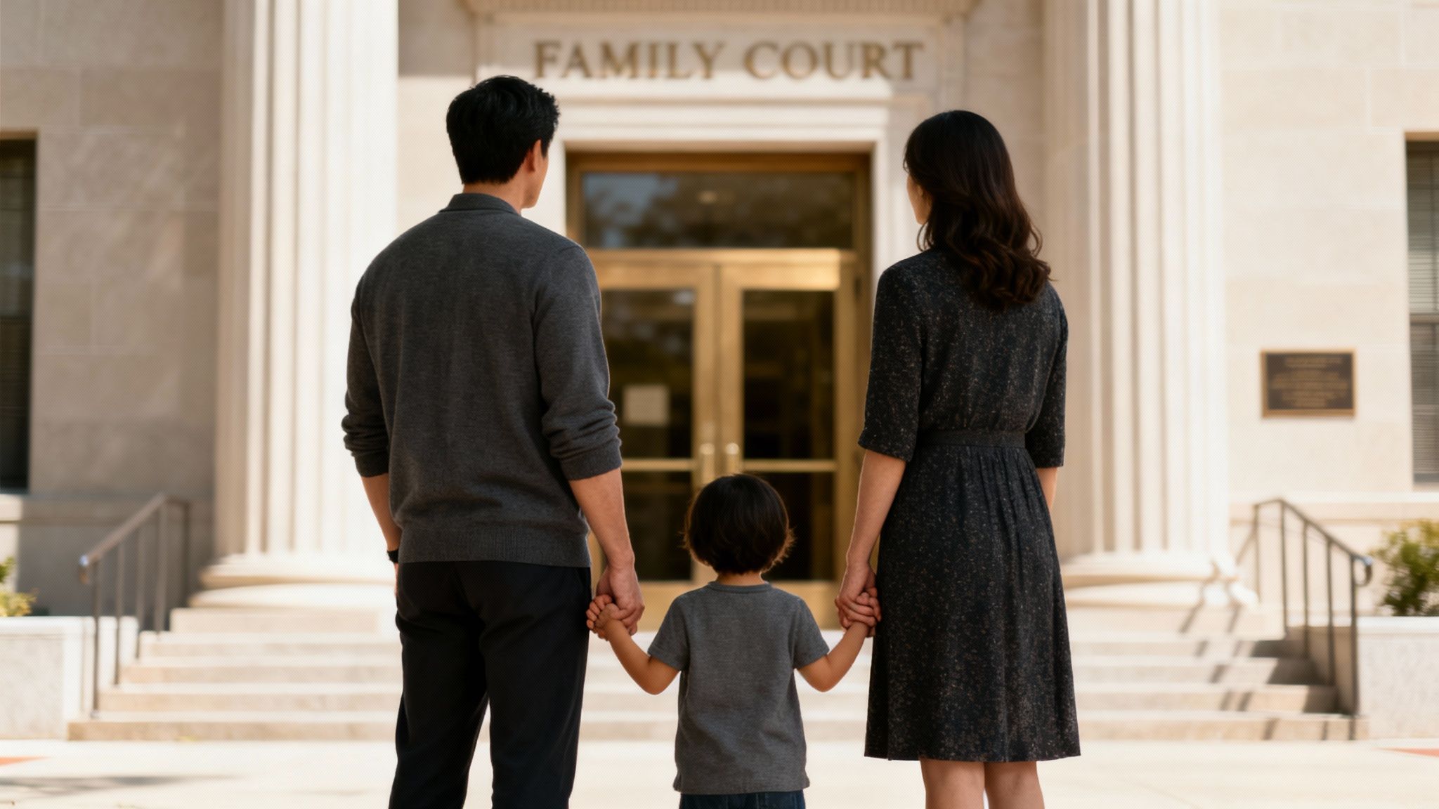 Una familia (padre, madre, hijo) de espaldas tomados de la mano frente a un juzgado de familia.