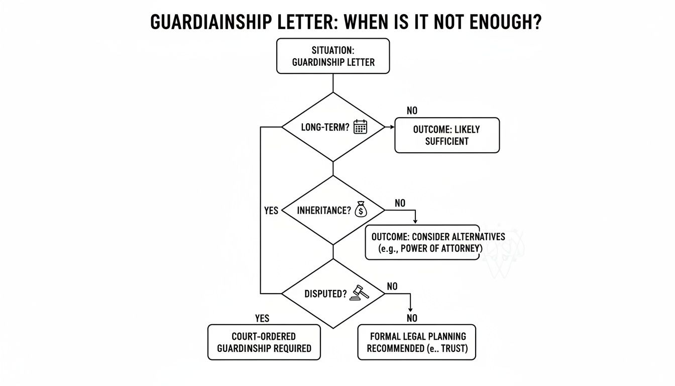 Flowchart detailing when a guardianship letter is insufficient, considering duration, inheritance, and disputes.