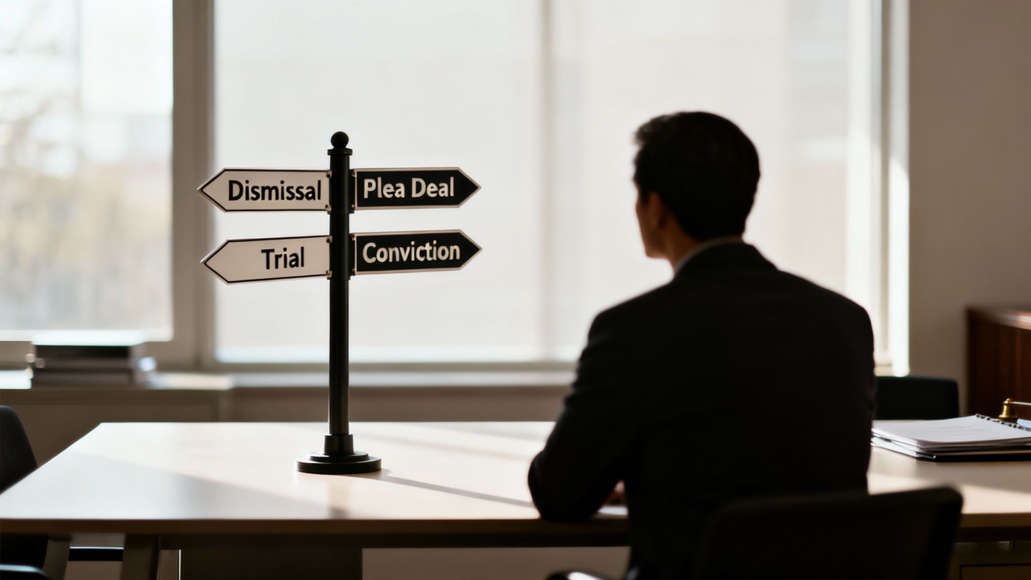 A person in a suit sits at a table, facing a signpost with legal options: Dismissal, Trial, Plea Deal, Conviction.