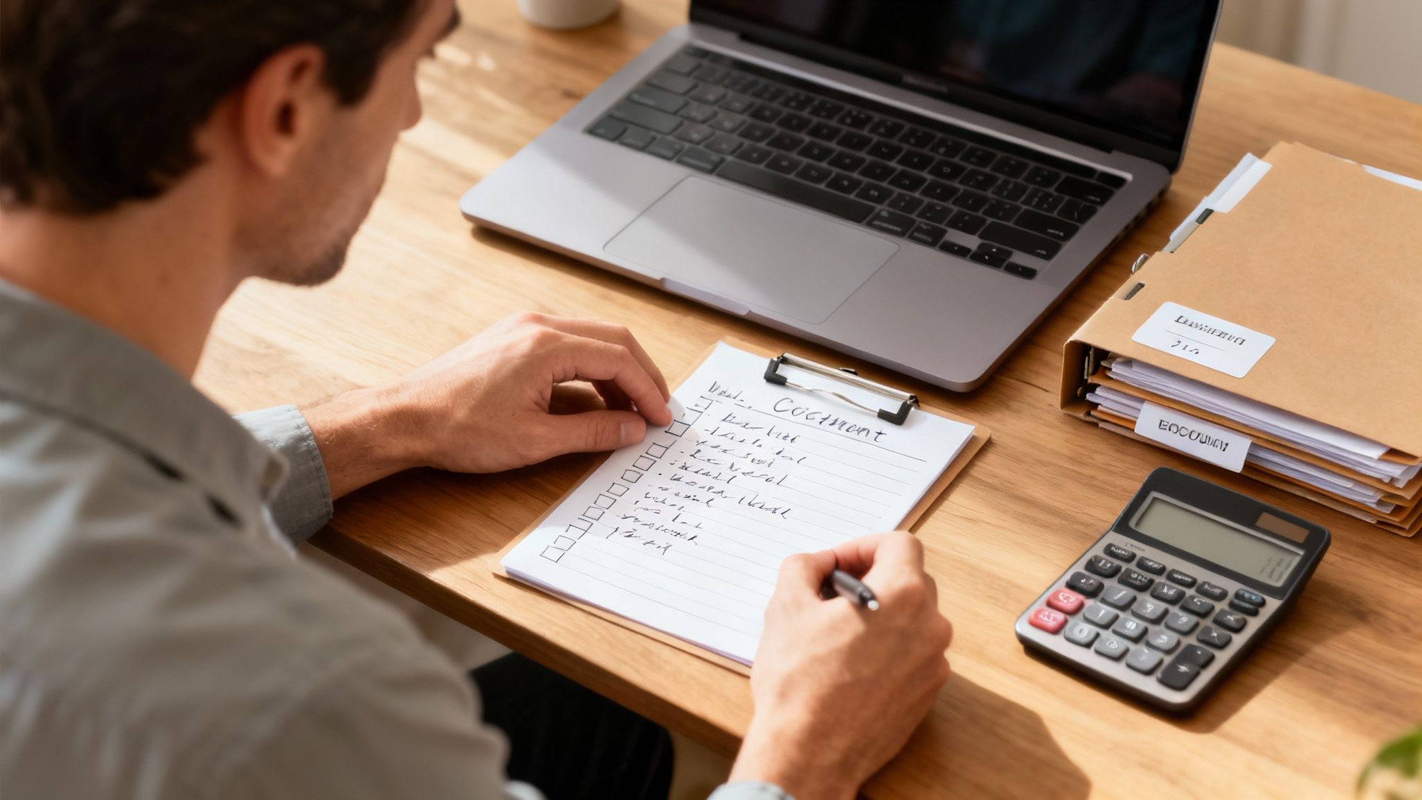 Man writing on a checklist at a wooden desk with a laptop, files, and calculator.