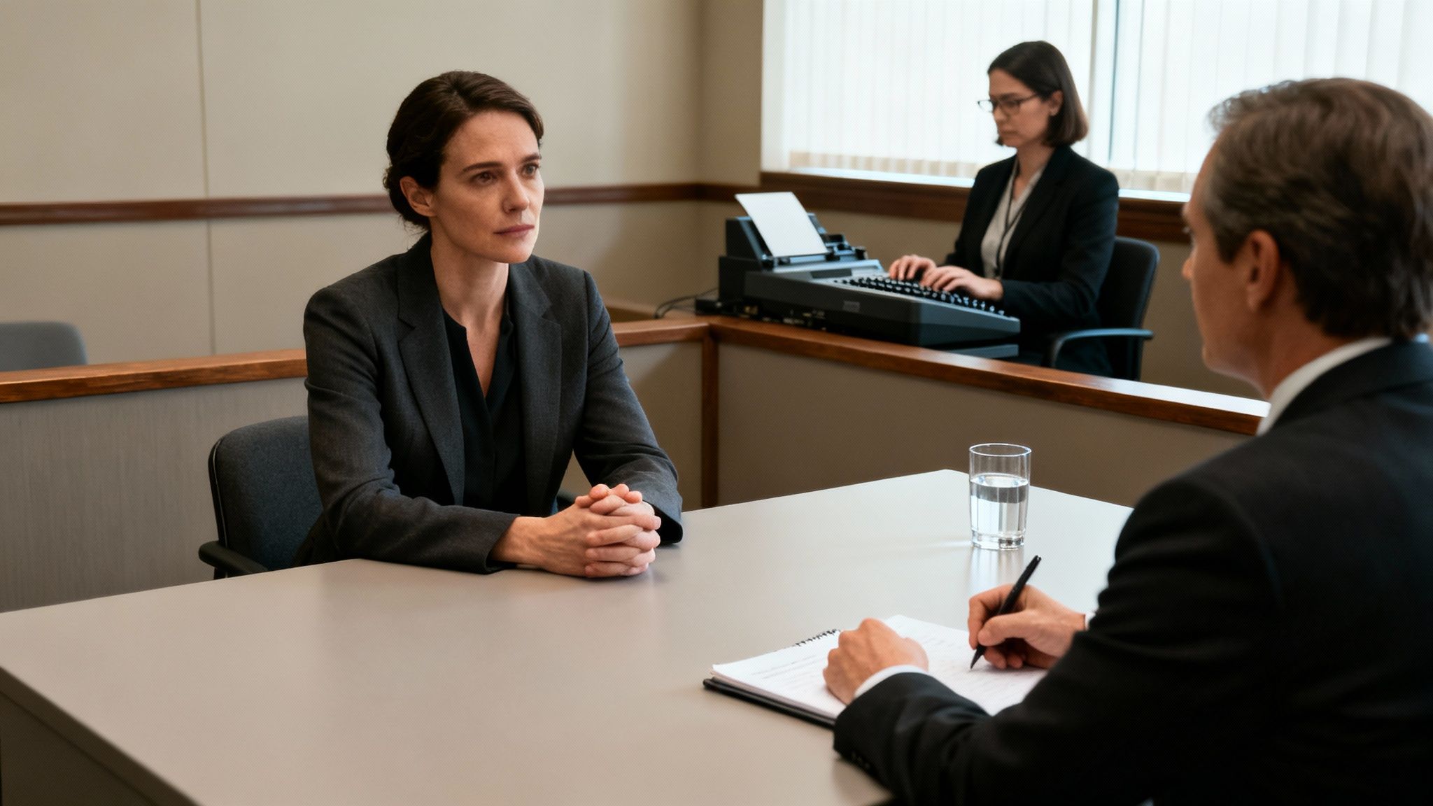 Woman in formal attire sitting at a deposition table with hands clasped, facing a man in a suit who is taking notes, while a court reporter operates a stenograph in the background, illustrating a professional deposition setting.