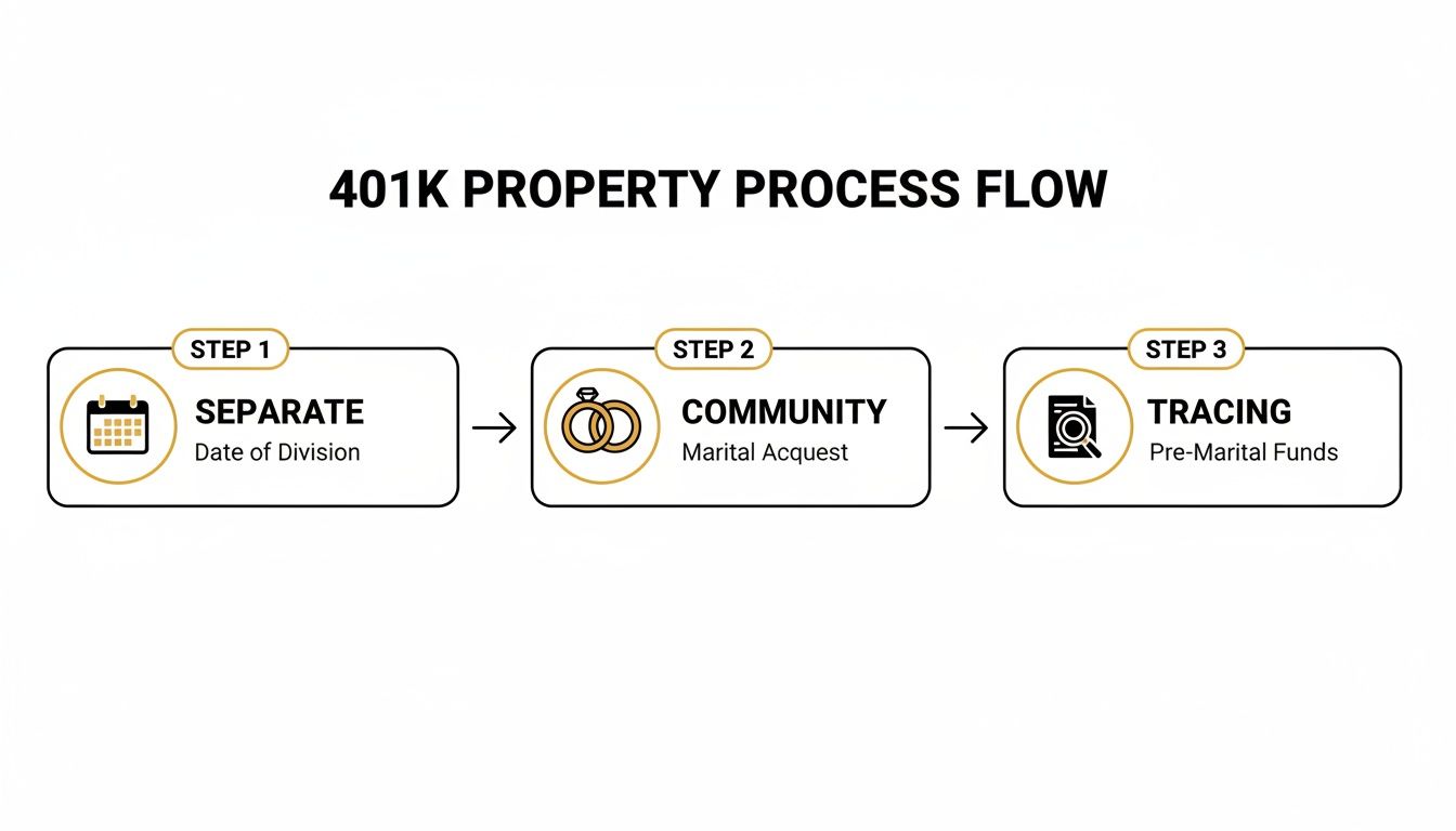 Flowchart illustrating the 401K property division process, covering separate, community, and tracing steps.
