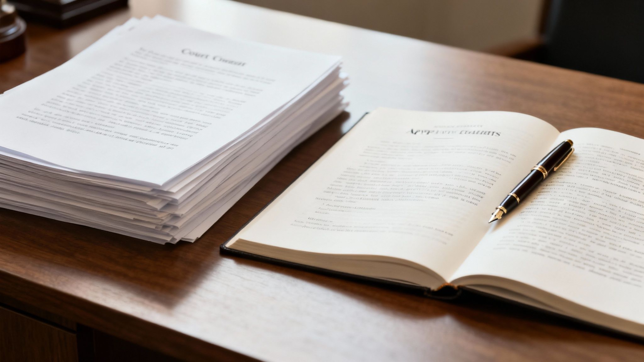 Stack of court order papers and an open legal book with a fountain pen on a wooden desk.