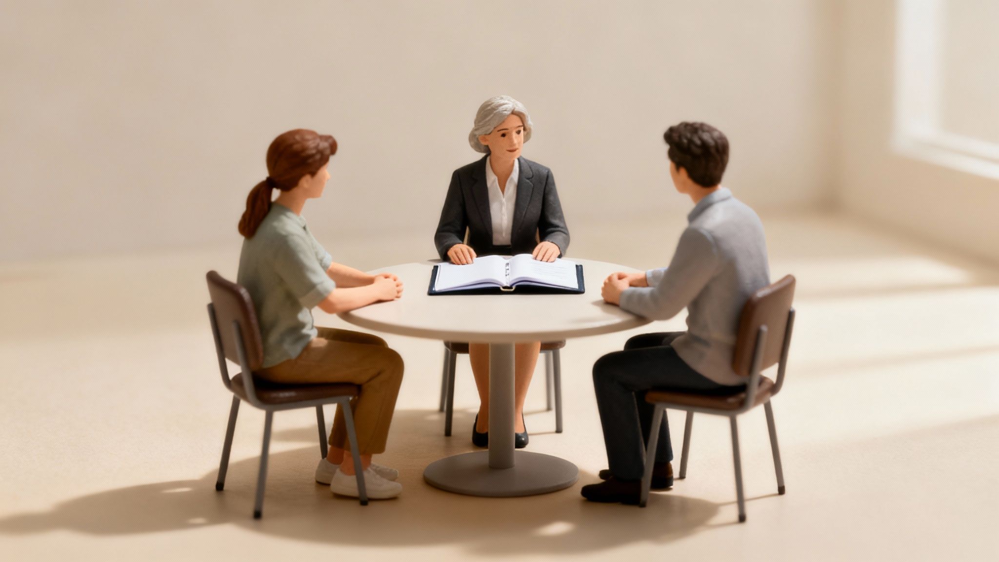 A legal professional in a suit gestures during a discussion at a conference table