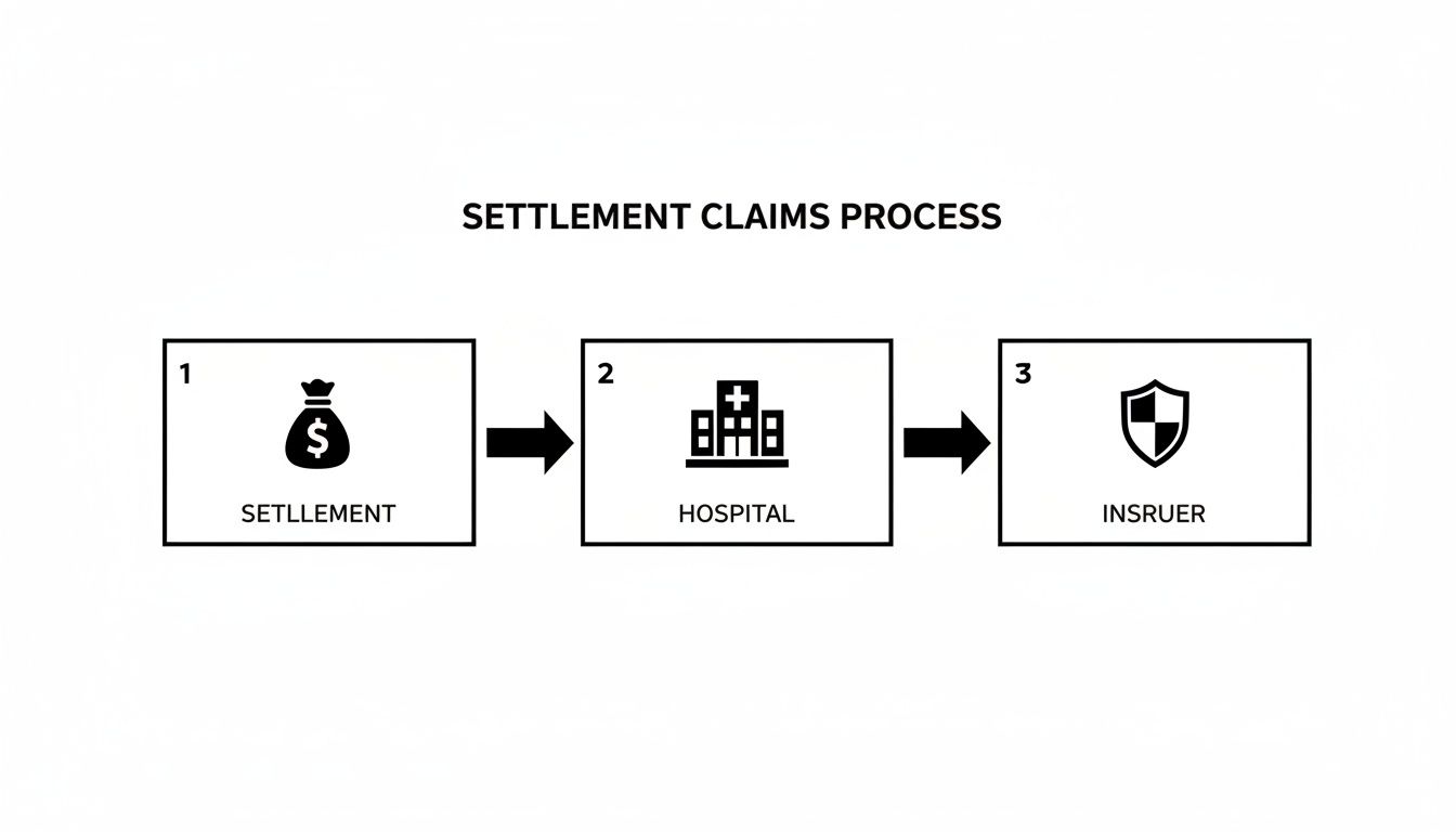 A flowchart illustrates the settlement claims process from settlement funds to hospital and insurer steps.