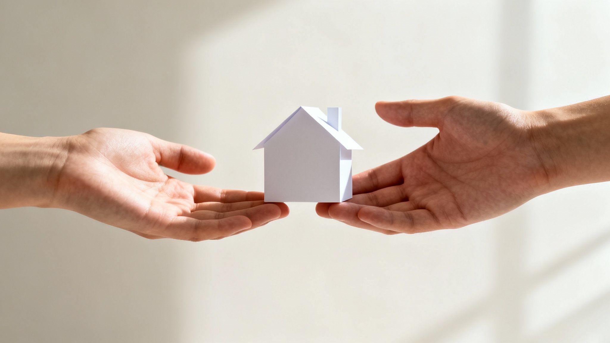 Two hands cradle a small white paper house, symbolizing home ownership or property transfer.