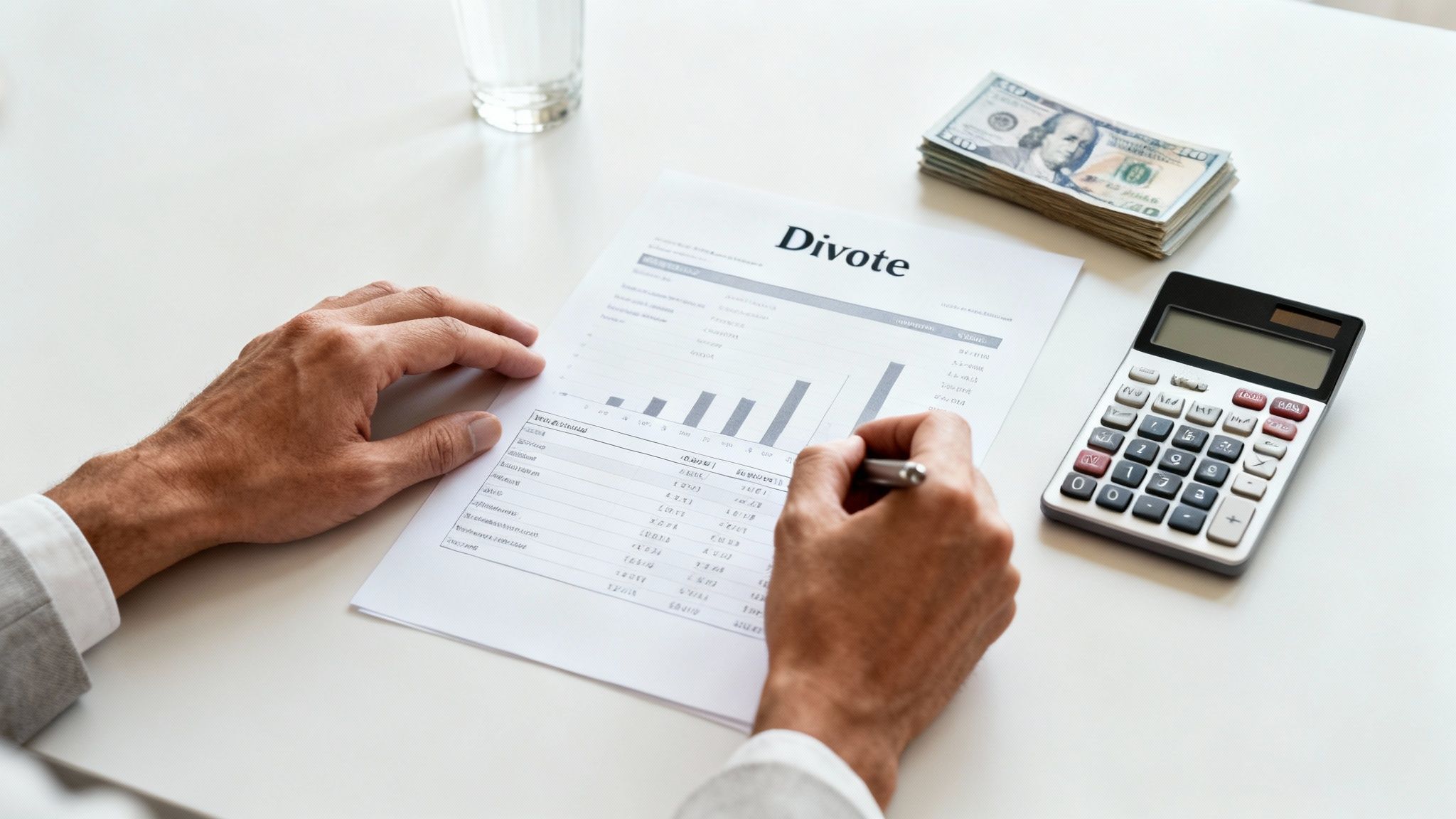 Hands reviewing a 'Divote' document with a calculator, dollar bills, and a glass of water.