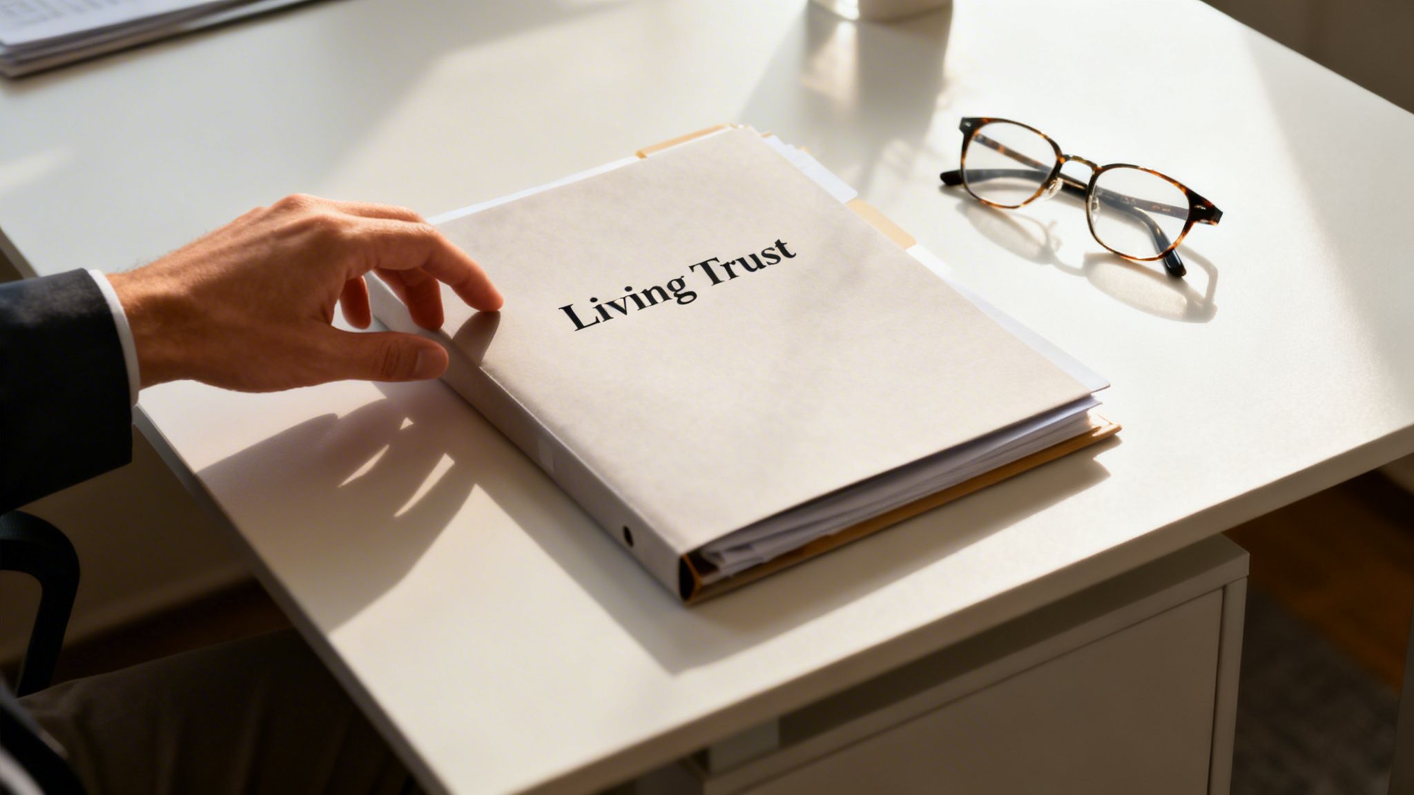 A person's hand rests on a 'Living Trust' binder on a white desk with eyeglasses nearby.
