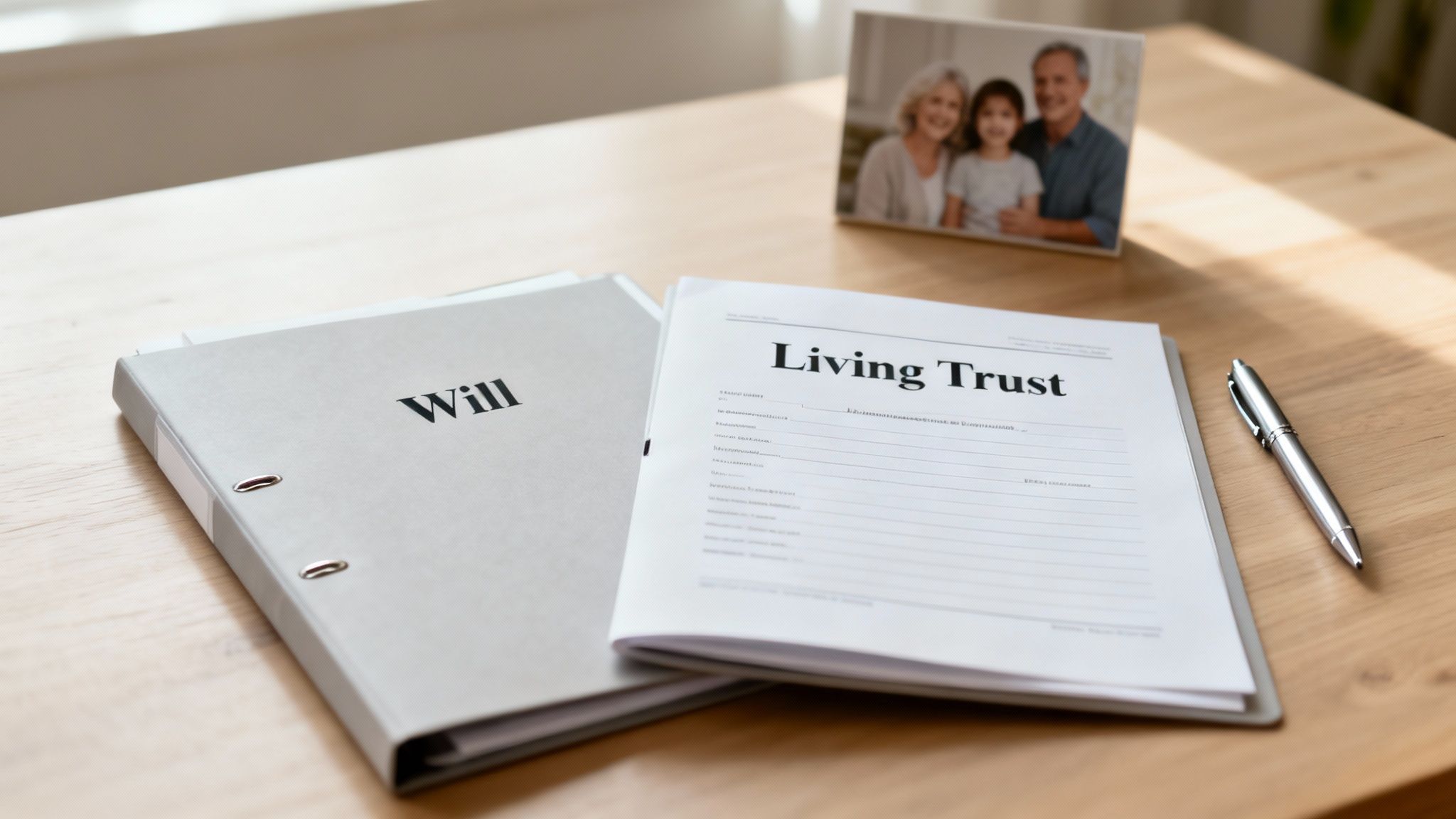 Estate planning documents, including a 'Will' binder and 'Living Trust,' on a desk with a family photo.