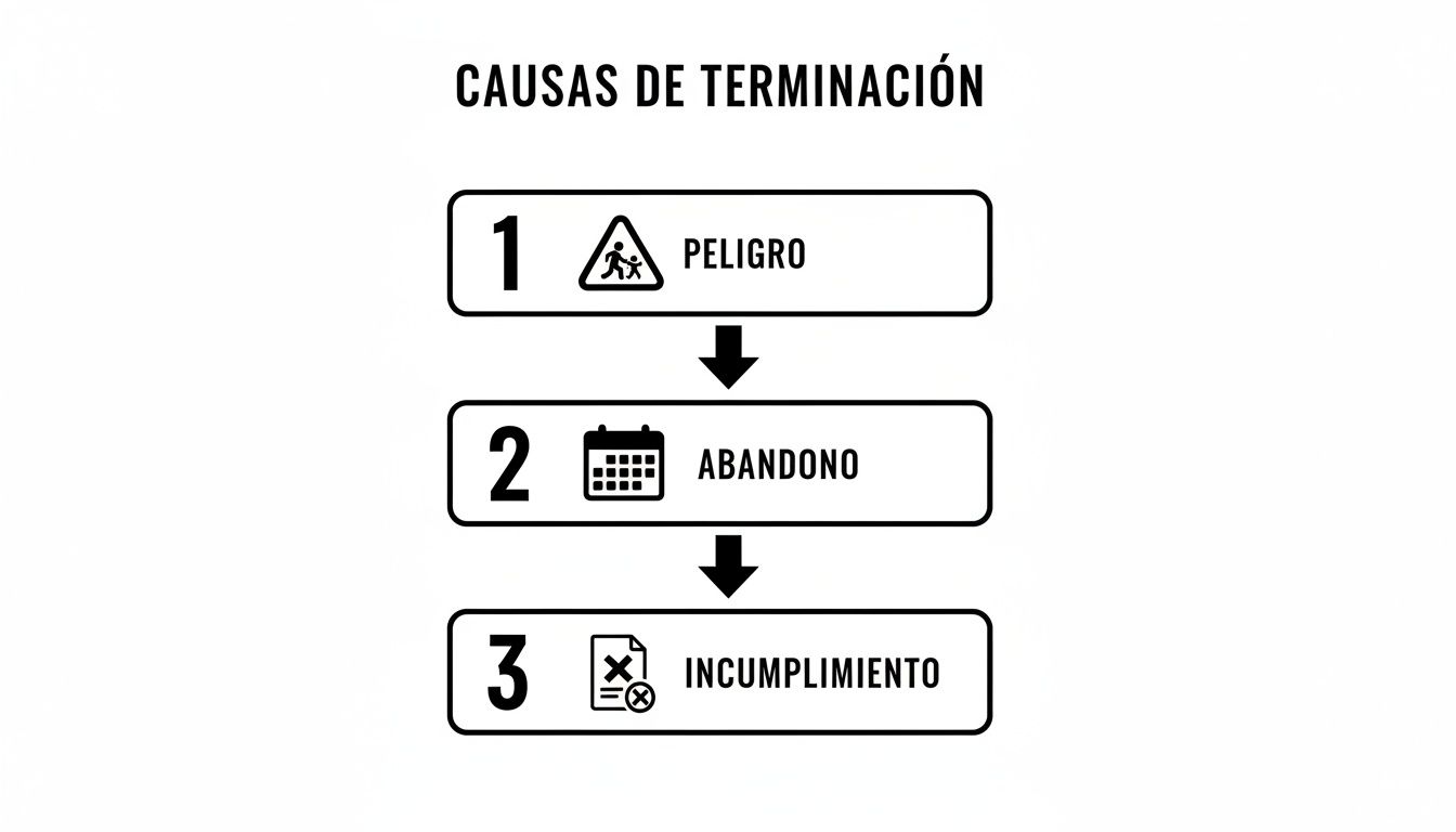 Diagrama de flujo que ilustra tres causas principales de terminación: peligro, abandono e incumplimiento.