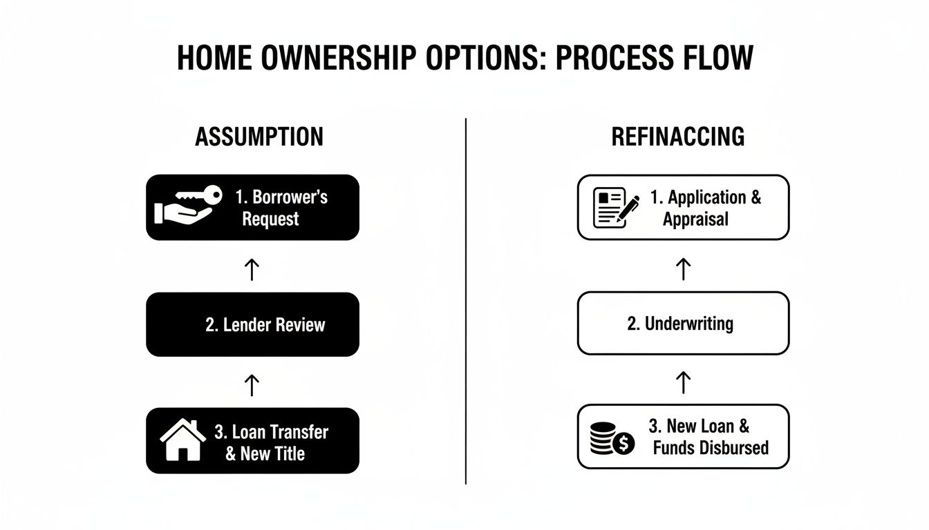 Flowchart detailing the assumption and refinancing processes for home ownership, showing three steps for each option.
