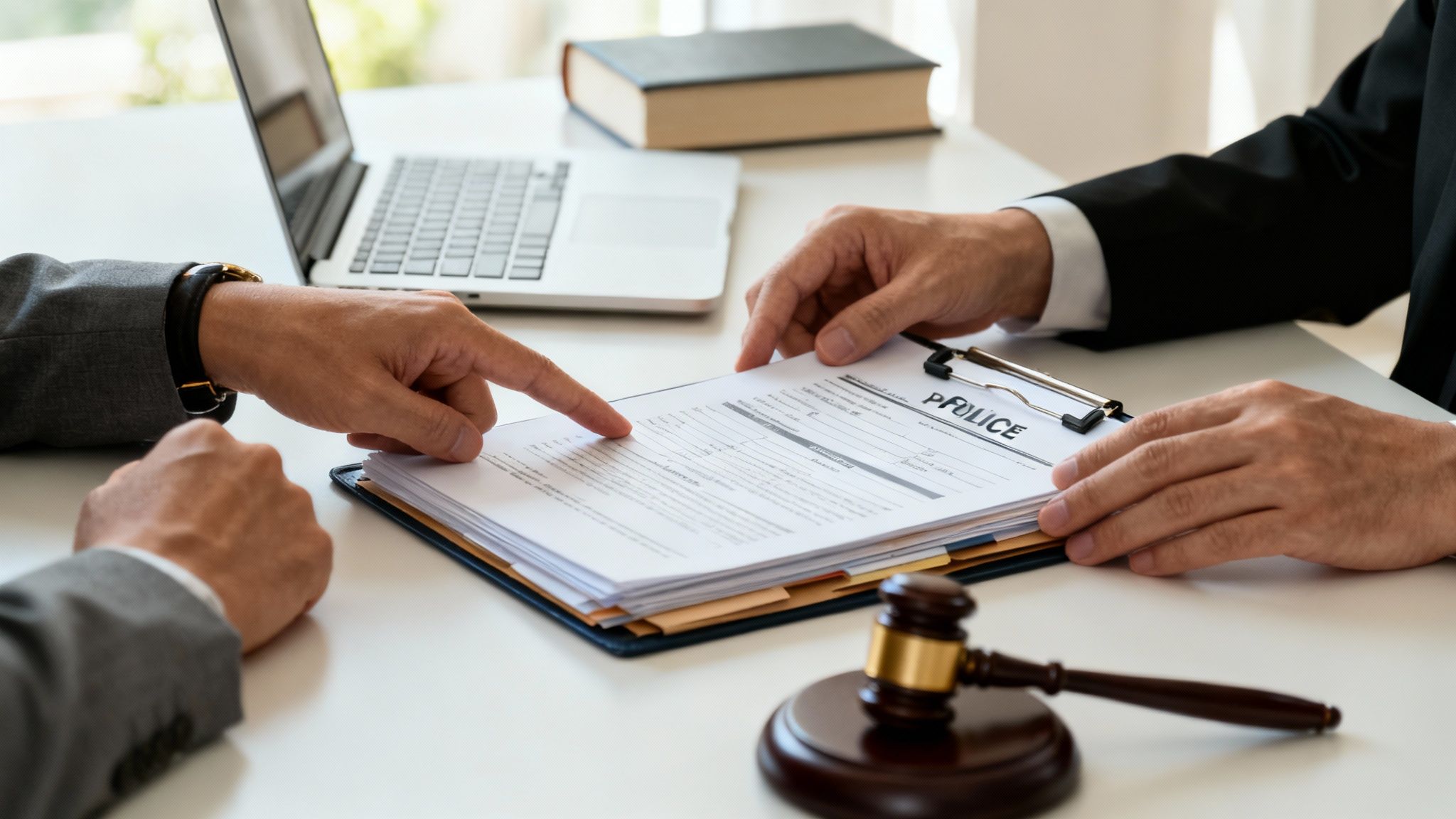 An experienced lawyer reviewing a motorcycle accident claim file in a modern office setting.