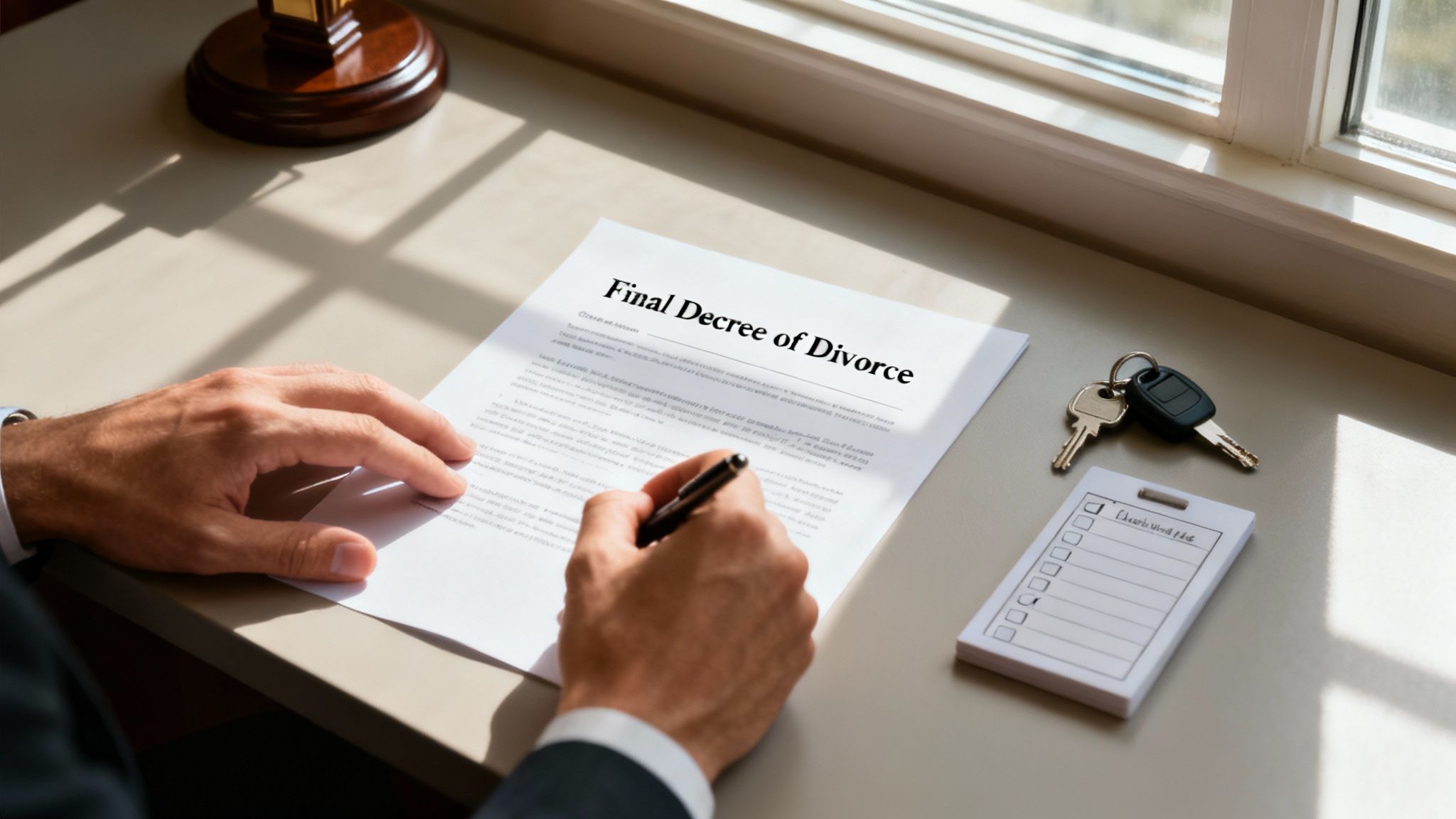 Two people shaking hands across a desk, finalizing an agreement