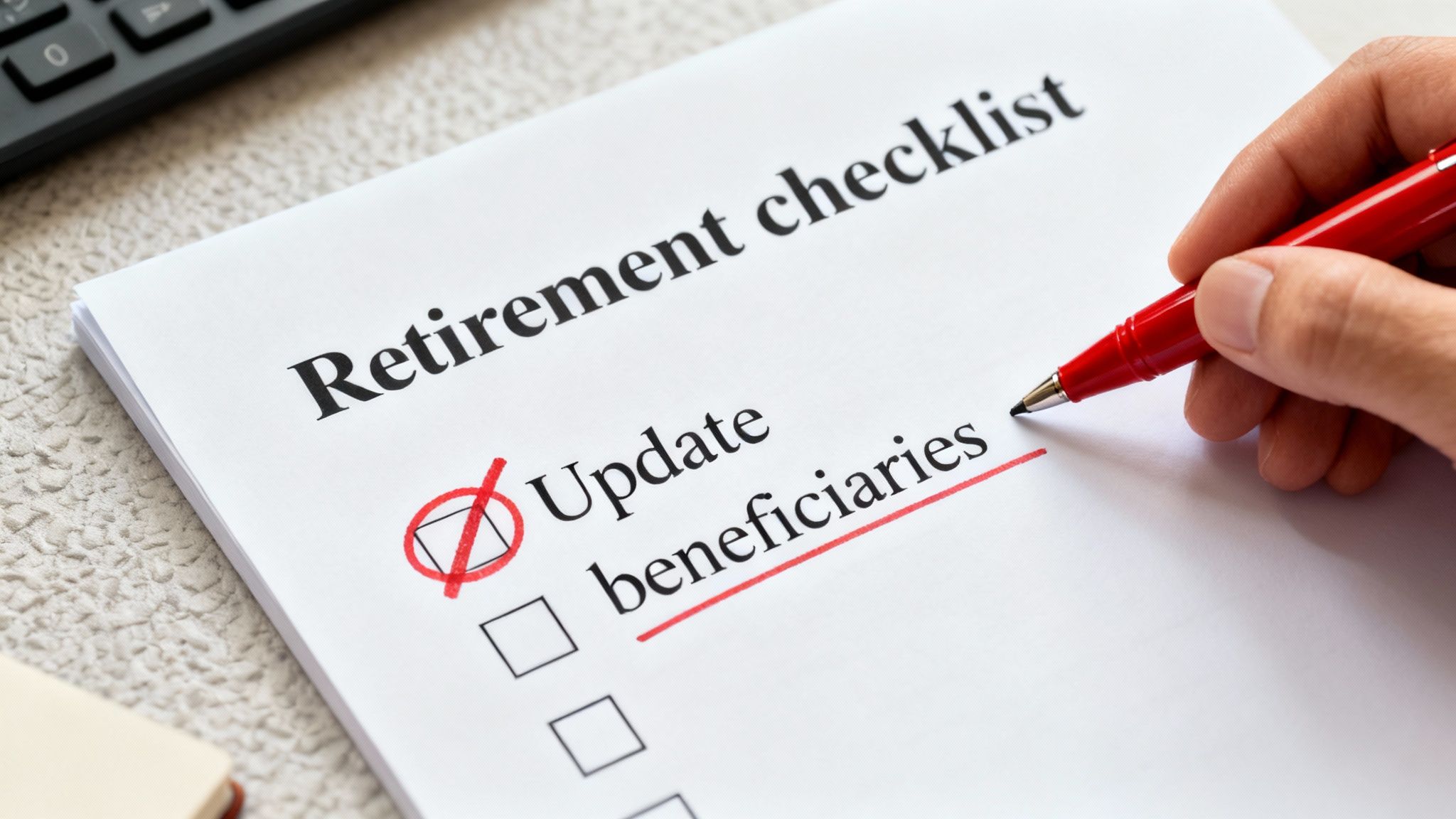 A red pen marks 'Update beneficiaries' on a white paper titled 'Retirement checklist'.