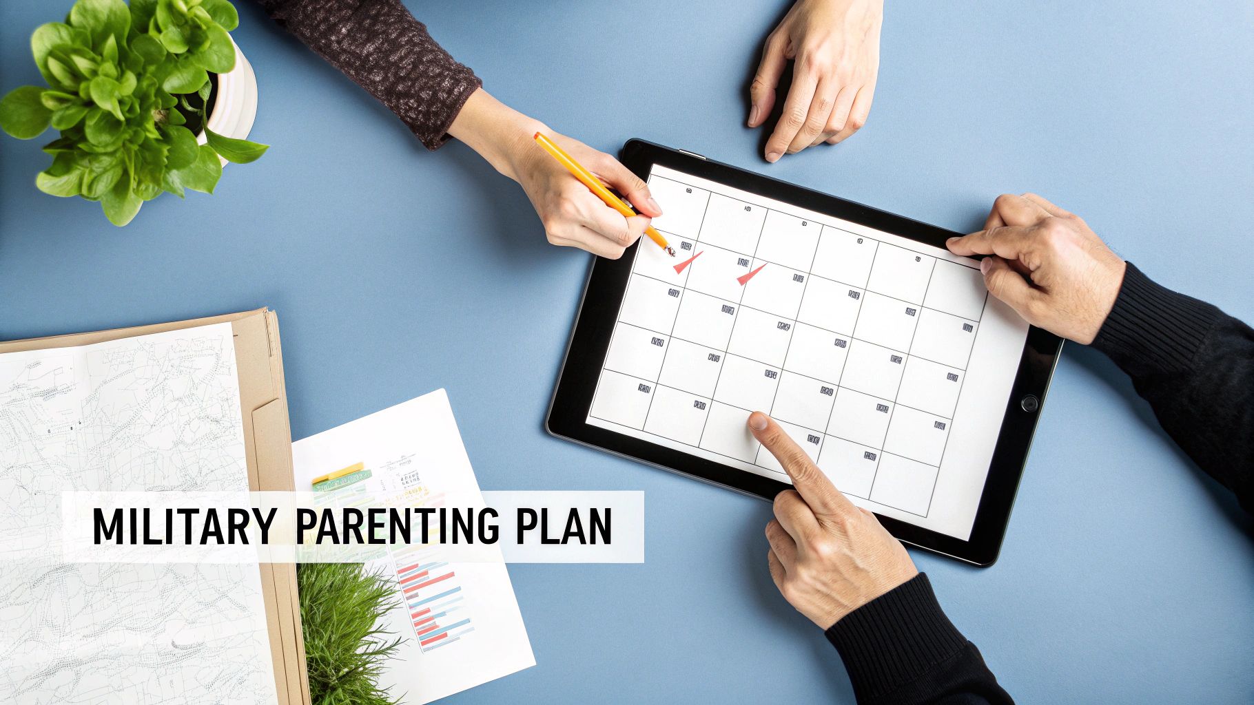 Two people review a digital calendar, marking dates for a military parenting plan.
