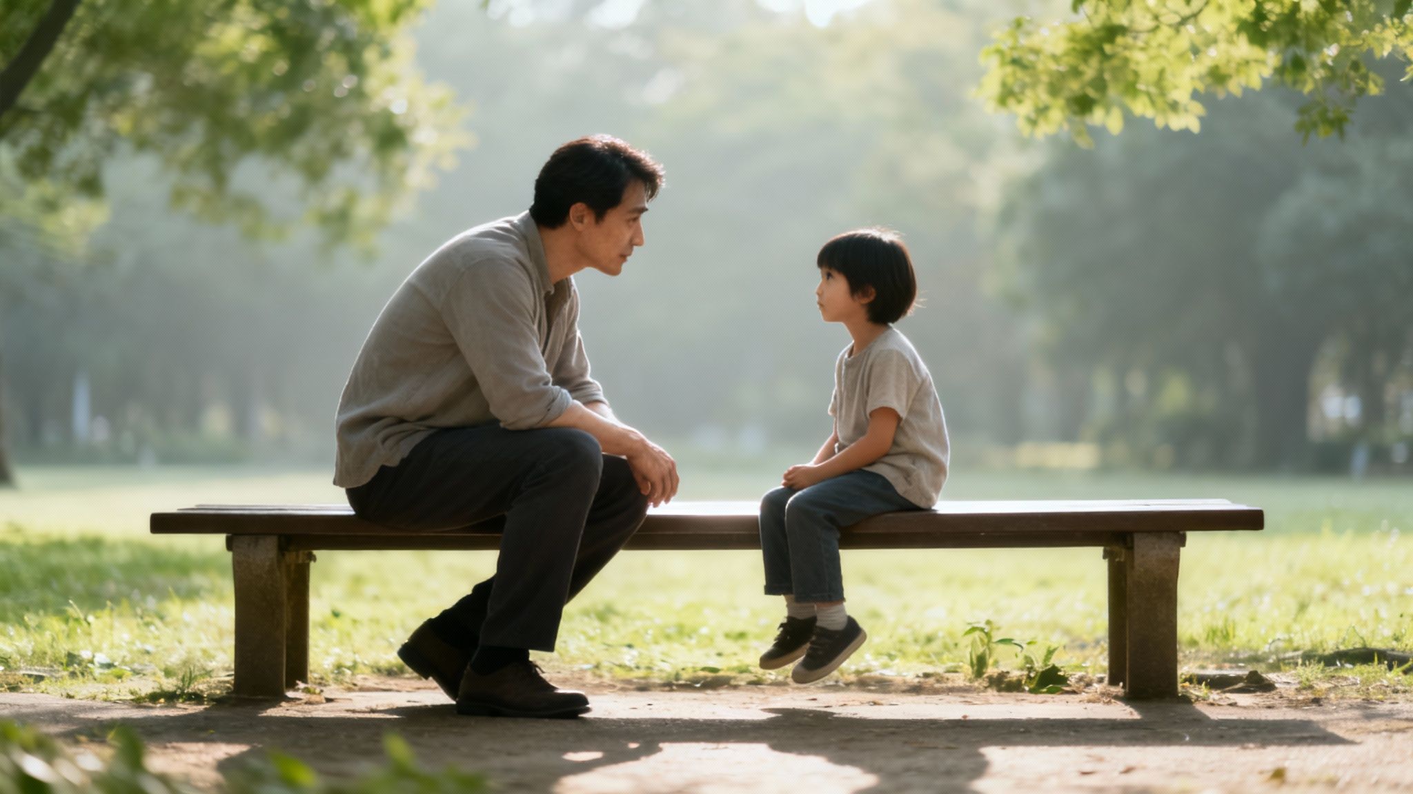 Father and daughter having a serious conversation on a park bench.