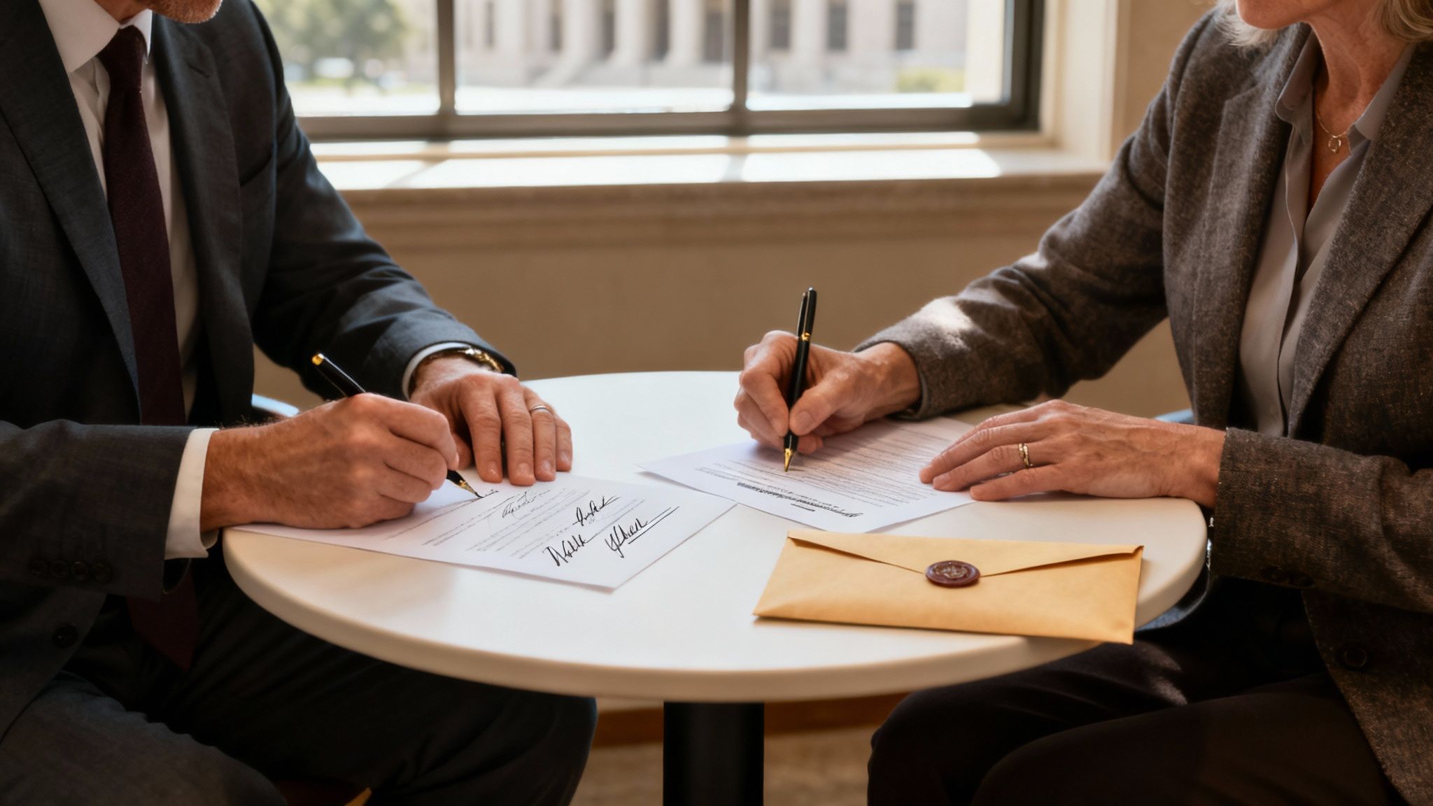 Two people sitting at a table, signing a document in a professional setting.