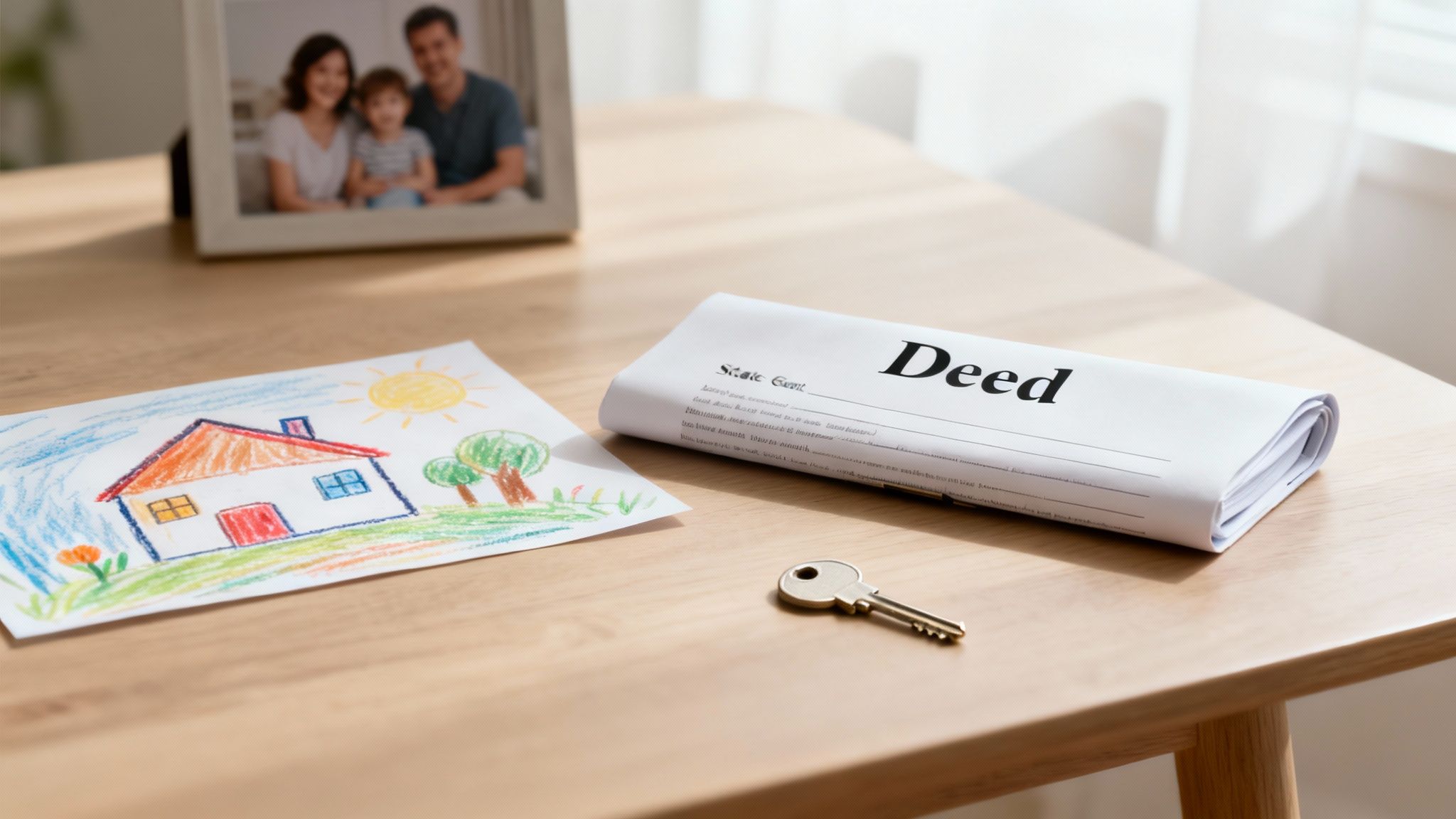 Deed document and house key on a wooden table, with a child's drawing of a house and sun, symbolizing property ownership and family dynamics in the context of annulment in Texas.
