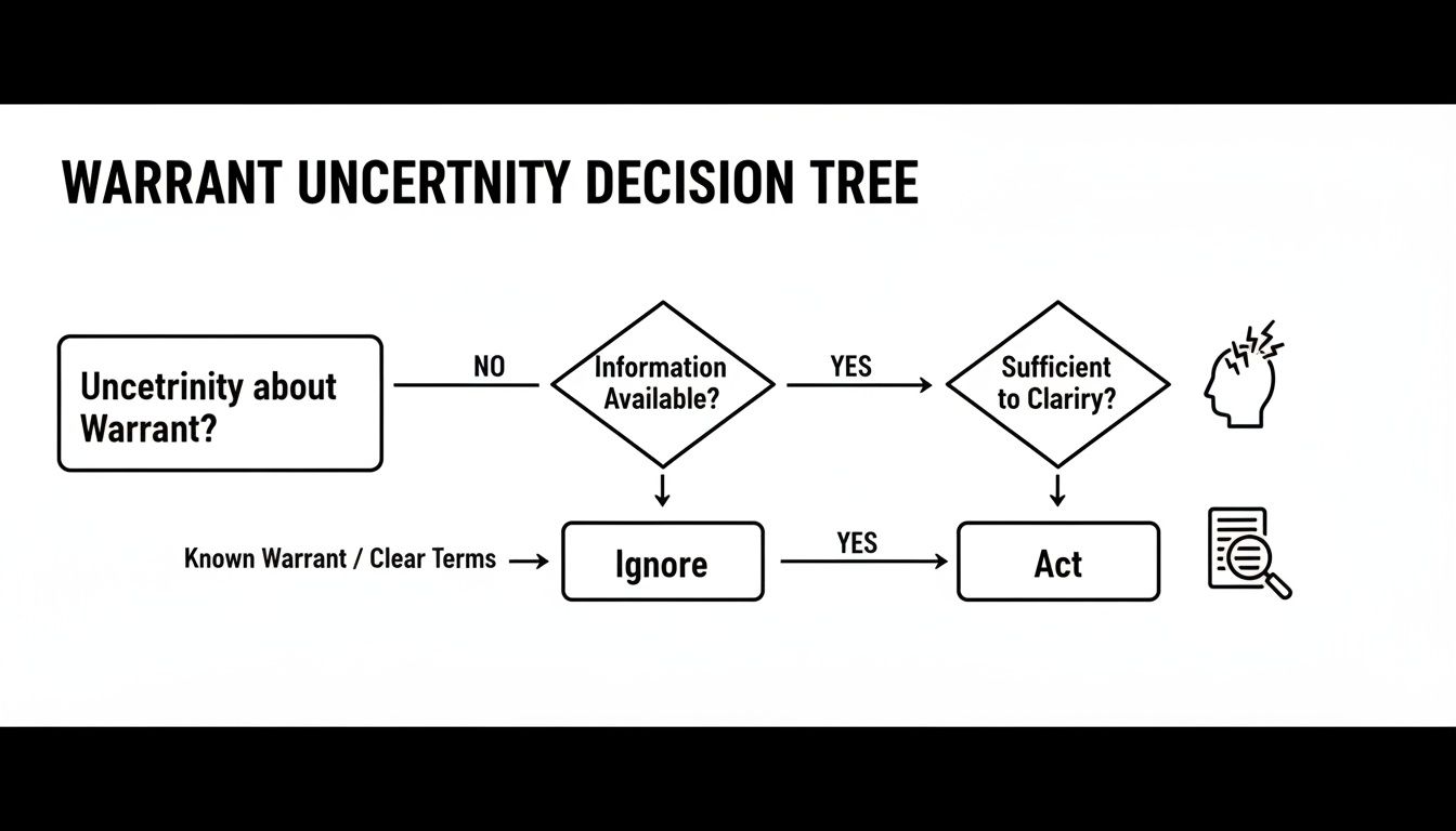 A flowchart titled 'Warrant Uncertainty Decision Tree' illustrating steps to address warrant uncertainty based on available information.