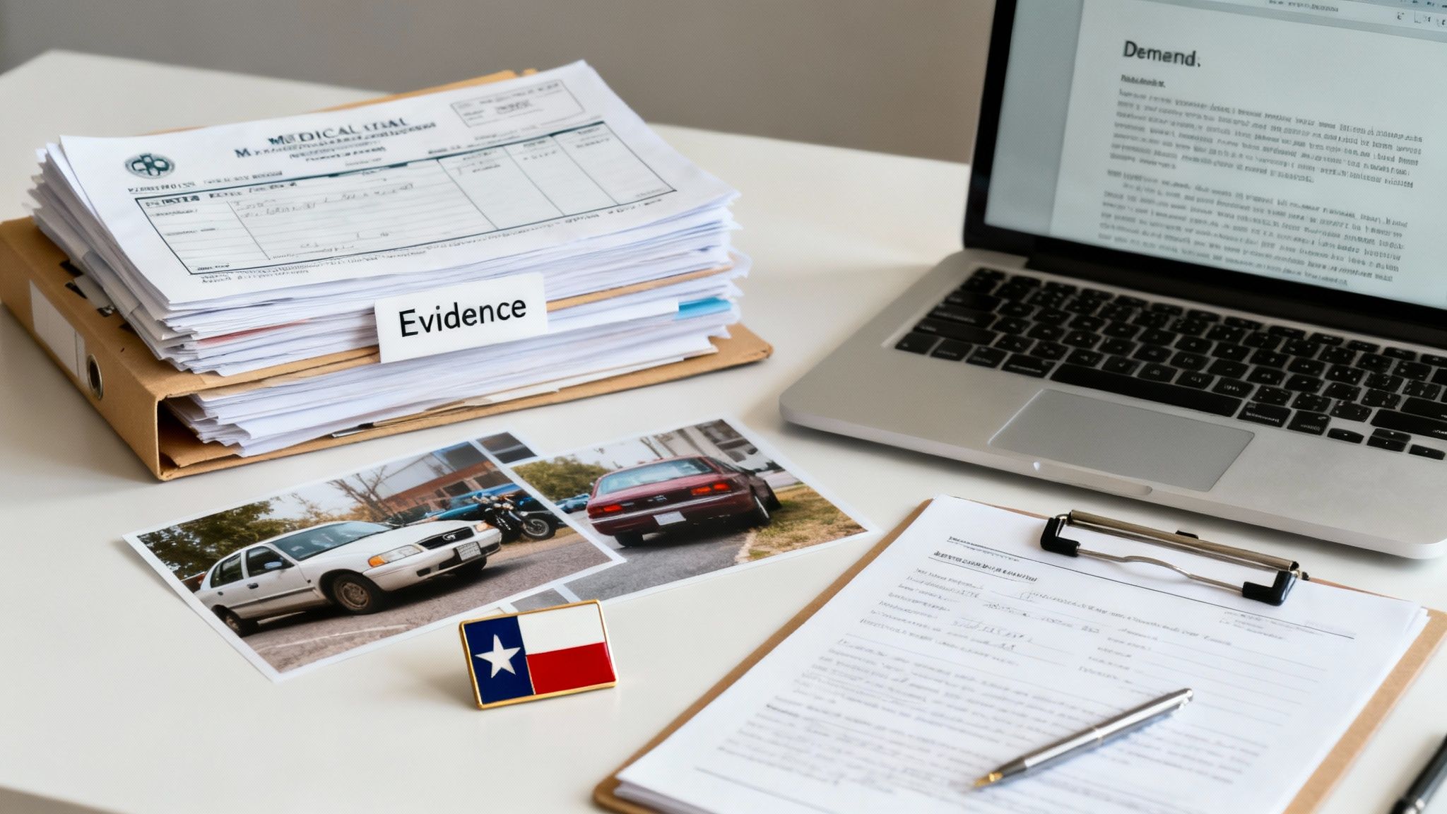 Desk with legal documents, photos of cars, a laptop, and a Texas flag pin for a case.