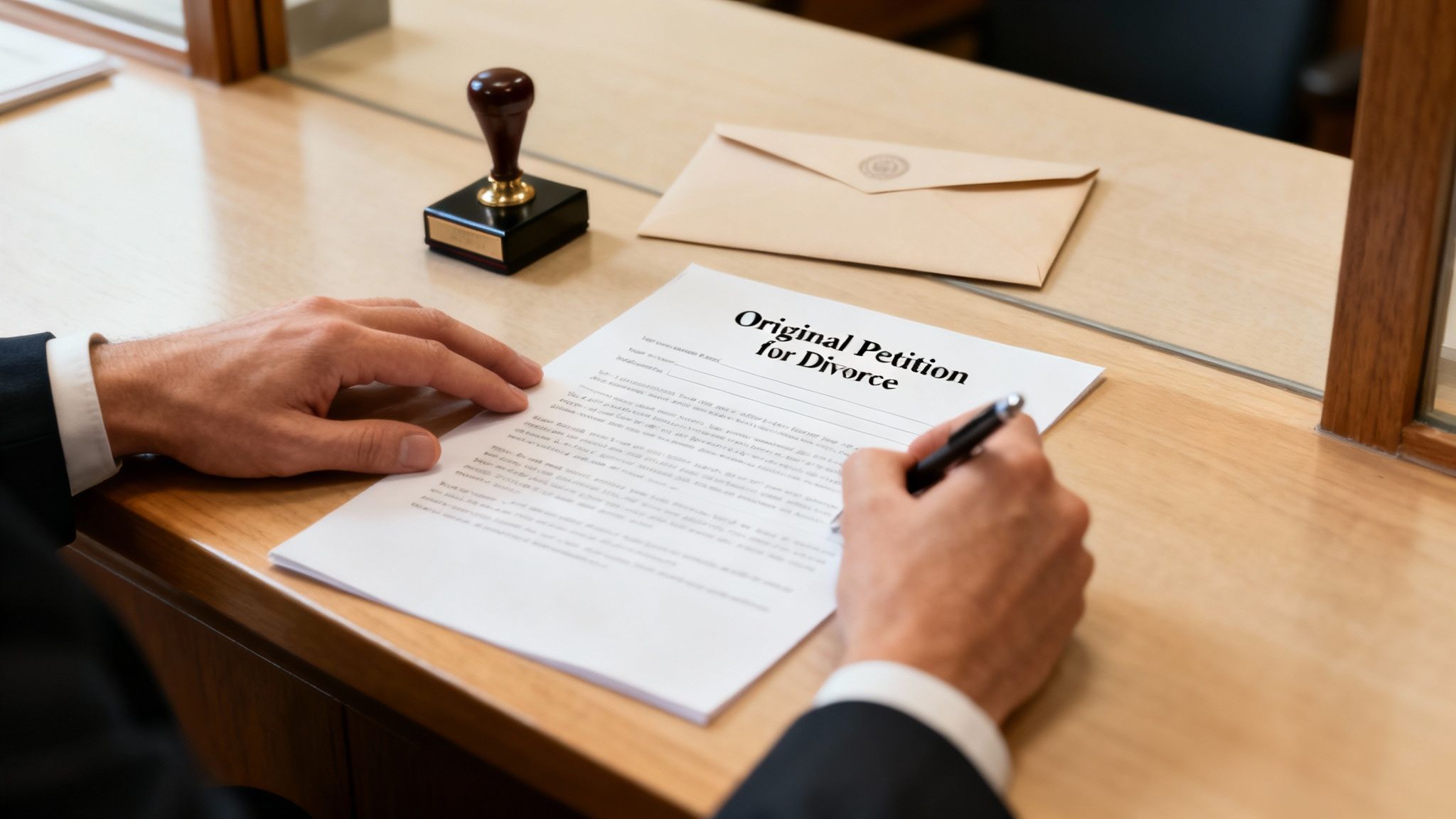 A person signing divorce petition documents at a desk.