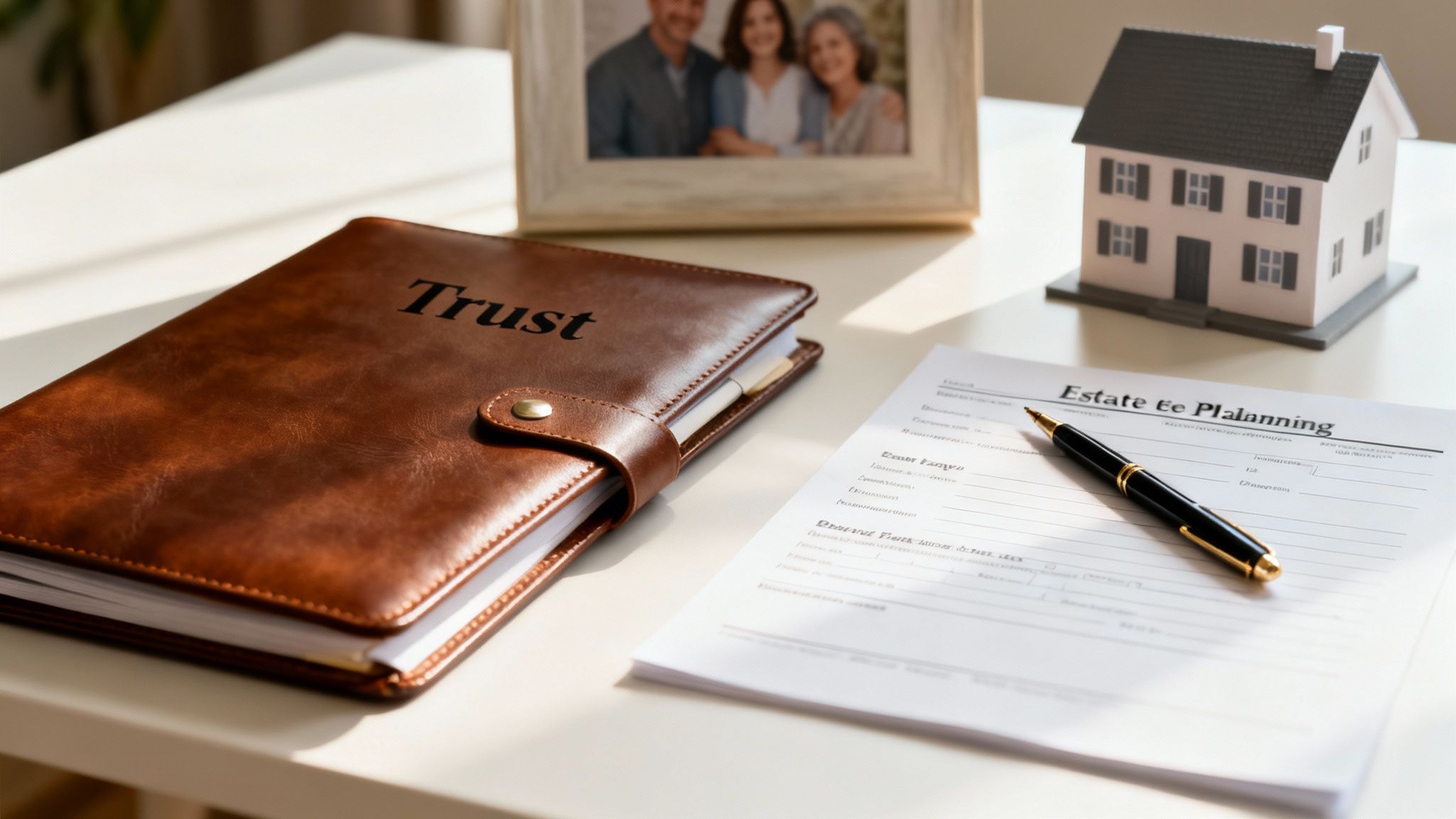Trust binder on a table with estate planning documents and a model house, symbolizing proactive estate planning to avoid probate in Texas.