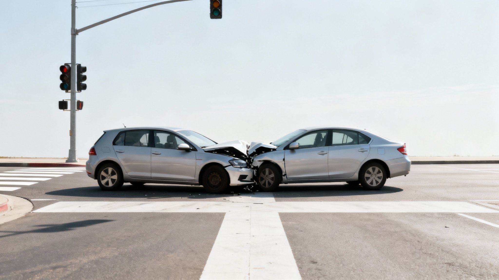 A car that has been in a T-bone accident, showing significant side damage.