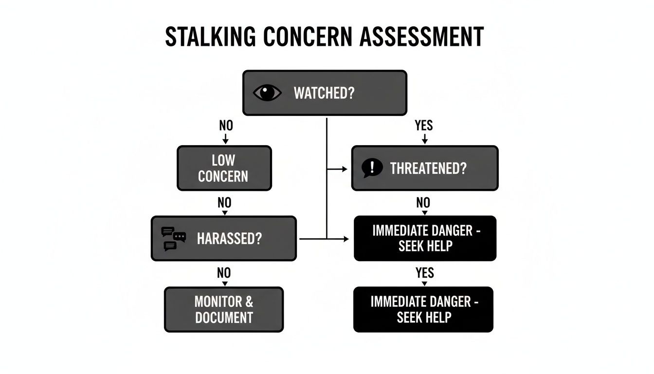 Flowchart for stalking concern assessment, guiding users through 'watched', 'threatened', and 'harassed' questions.