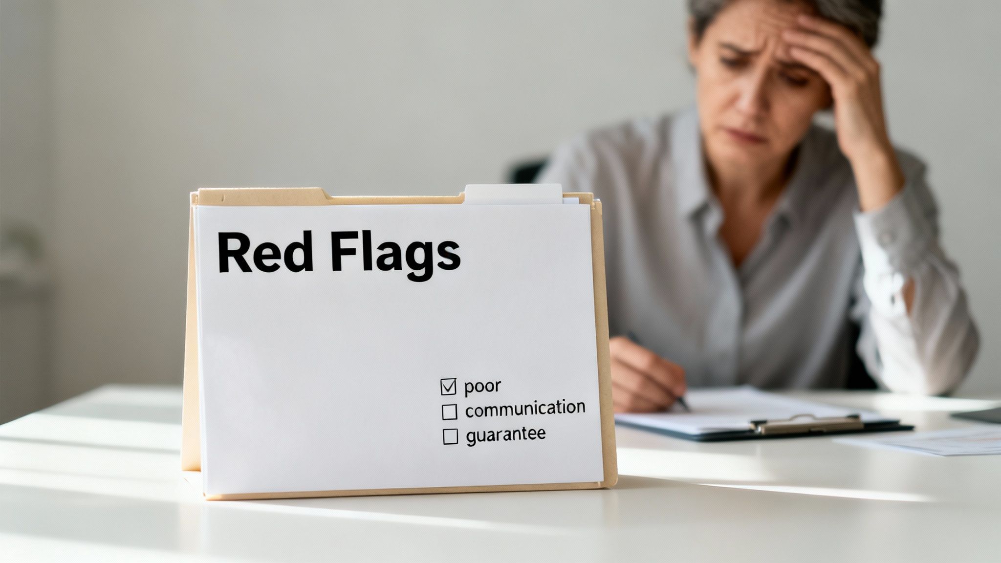 A file folder labeled "Red Flags" with "poor" checked on a checklist, and a stressed woman in the background.