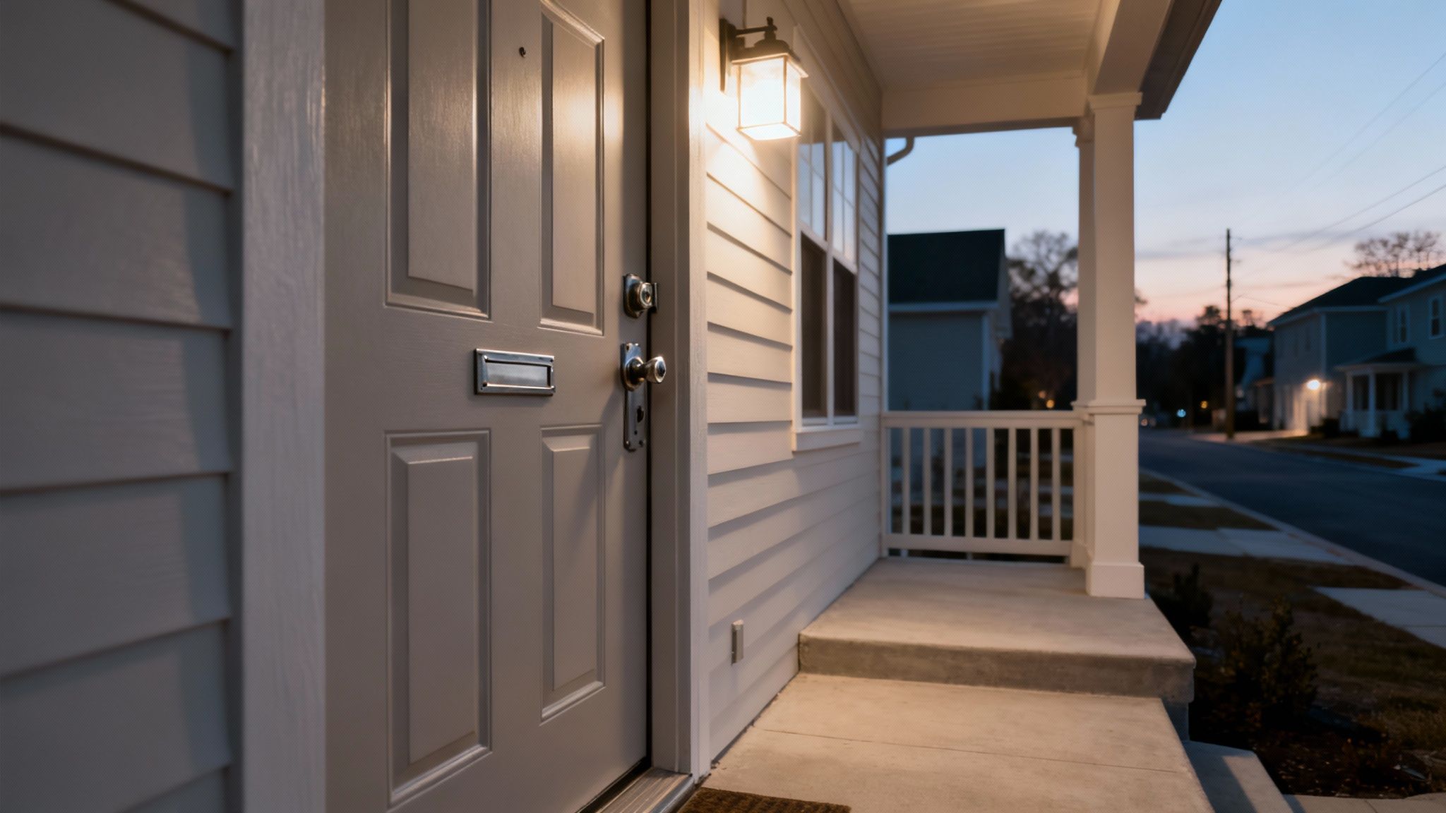 Front porch view of a residential home in Texas, featuring a closed door with a modern handle and a porch light, symbolizing the concept of home security in relation to burglary of habitation charges.