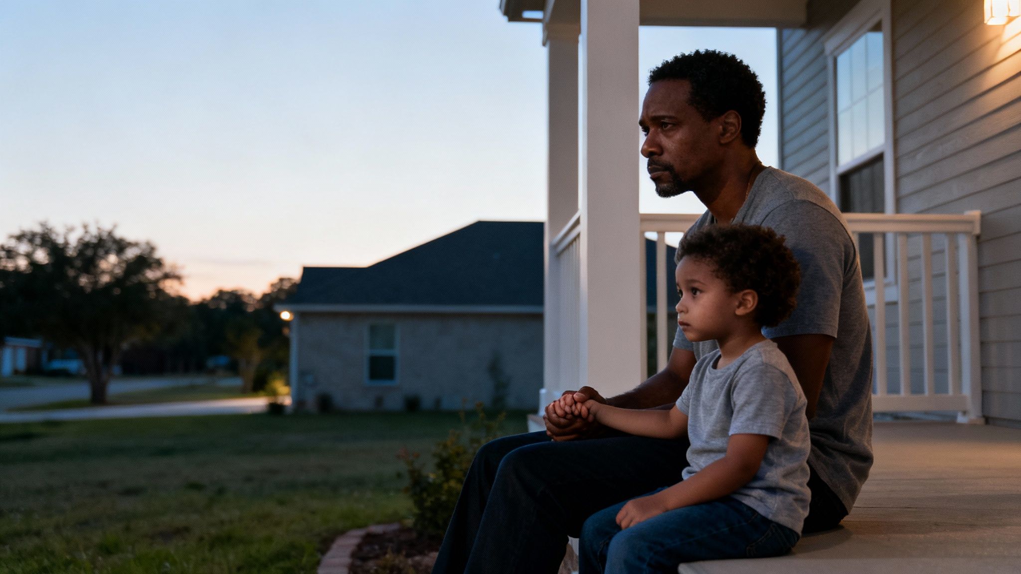 Father and son sitting together on a porch, reflecting on parental rights termination in Texas, emphasizing emotional connection and the challenges of legal separation.