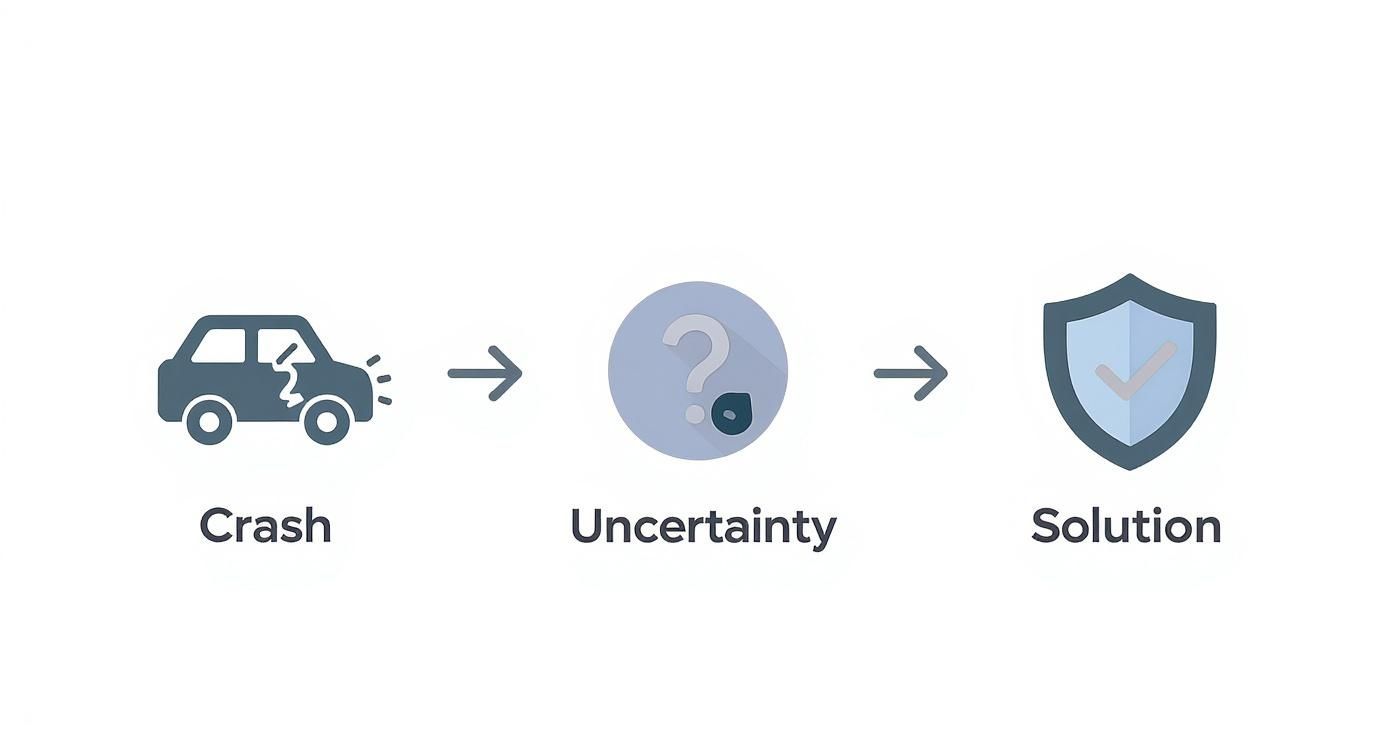 Diagram illustrating the journey from a car crash, through uncertainty, to a protective solution represented by a shield.